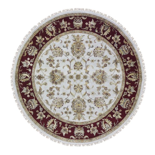 6'1"x6'1" Ivory Rajasthan Half Wool and Half Silk Floral Design Thick and Plush Hand Knotted Round Oriental Rug HR66726