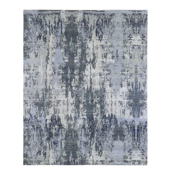 8'2"x10'2" Abstract Design Wool and Pure Silk Denser Weave Charcoal Gray Persian Knot Hand Knotted Oriental Rug HR66741