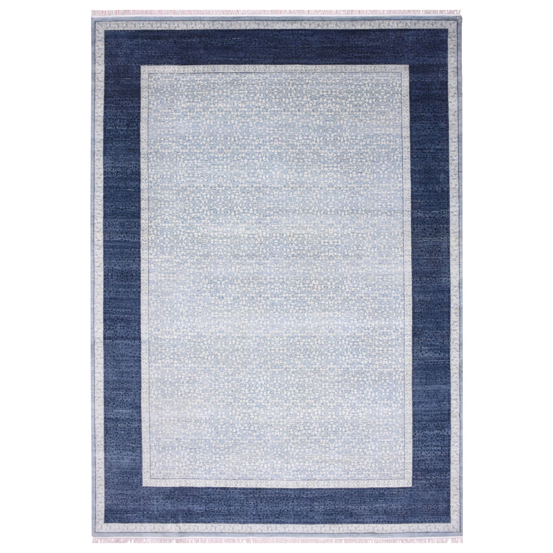12'2"x15'3" Shades of Blue, Leaf All Over Pattern with A Distinct Contrasting Border Colors, Tone on Tone, Pure Wool Hand Knotted, Oversized Oriental Rug HR75169