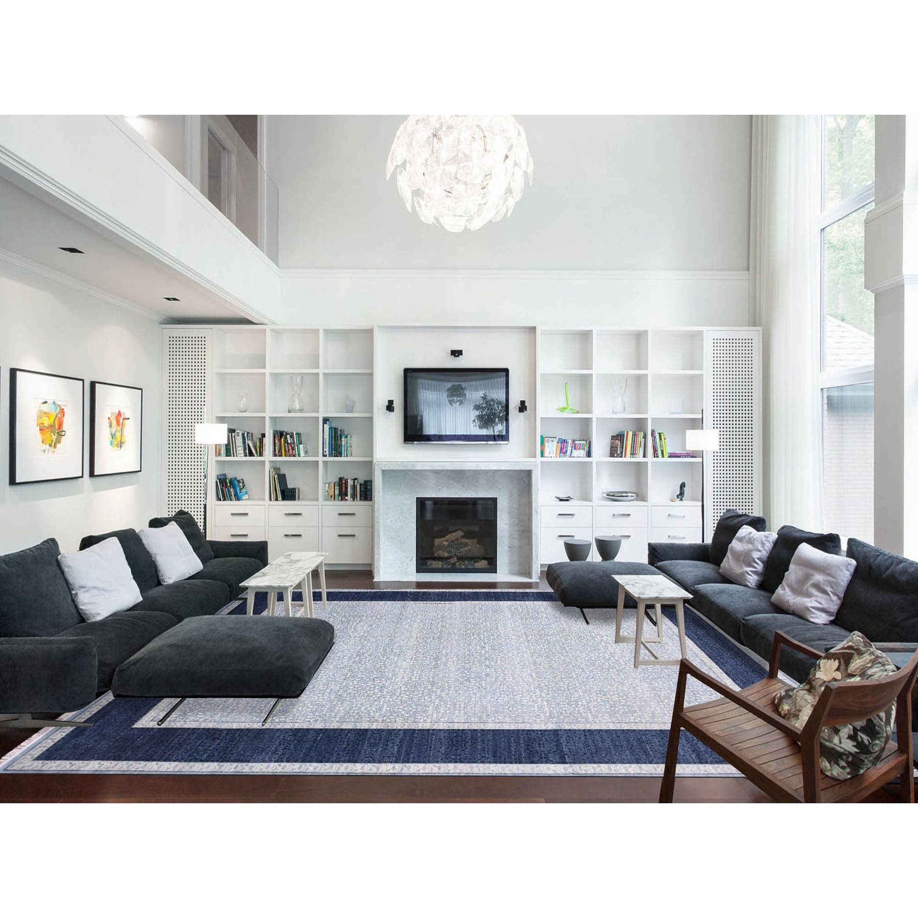 12'2"x15'3" Shades of Blue, Leaf All Over Pattern with A Distinct Contrasting Border Colors, Tone on Tone, Pure Wool Hand Knotted, Oversized Oriental Rug HR75169 - Image 2