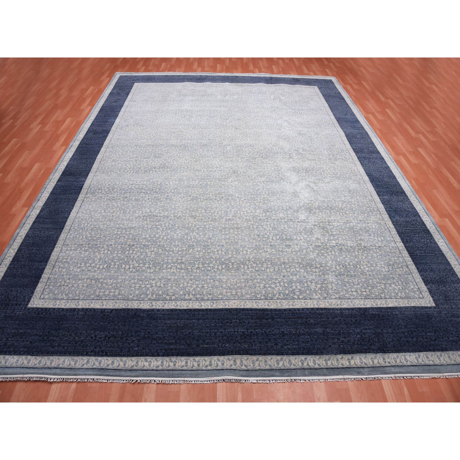 12'2"x15'3" Shades of Blue, Leaf All Over Pattern with A Distinct Contrasting Border Colors, Tone on Tone, Pure Wool Hand Knotted, Oversized Oriental Rug HR75169 - Image 3