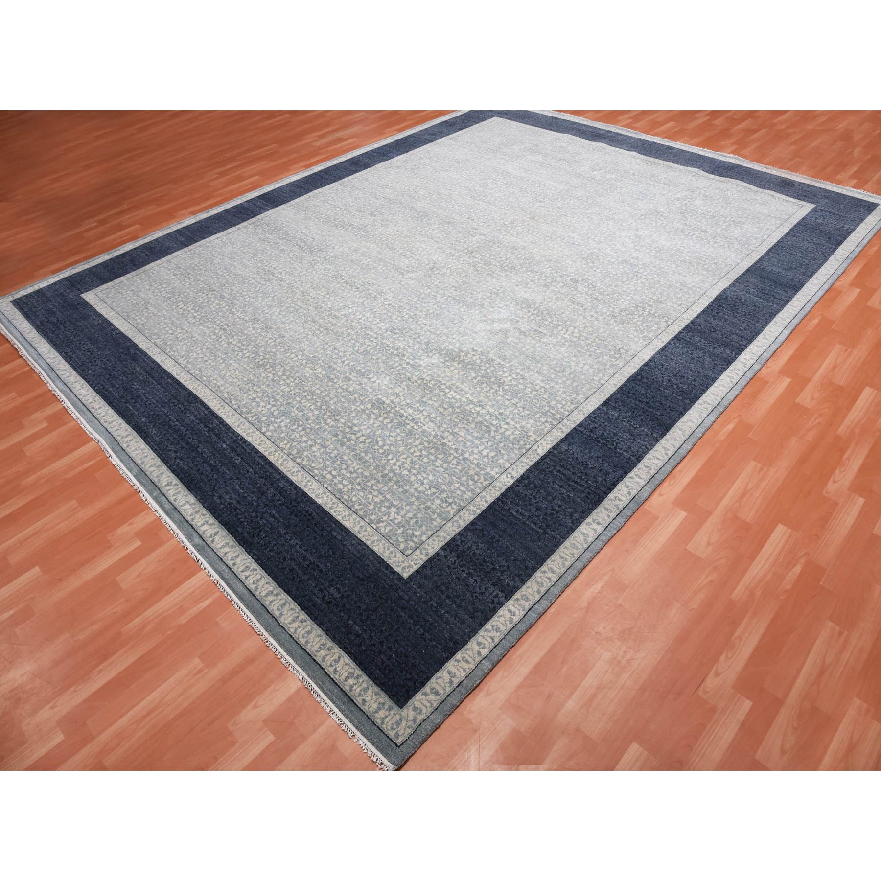 12'2"x15'3" Shades of Blue, Leaf All Over Pattern with A Distinct Contrasting Border Colors, Tone on Tone, Pure Wool Hand Knotted, Oversized Oriental Rug HR75169 - Image 4
