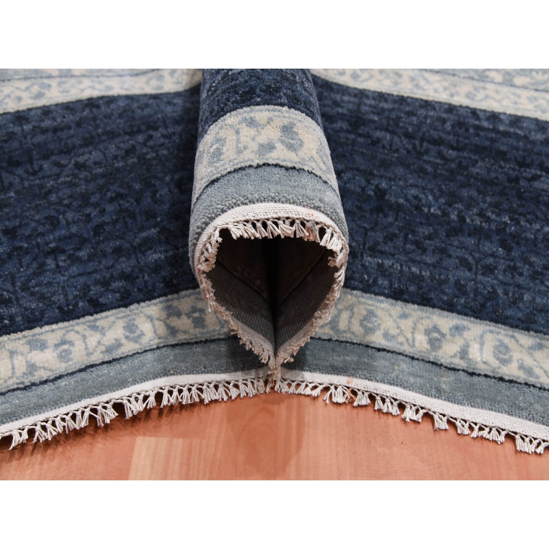 12'2"x15'3" Shades of Blue, Leaf All Over Pattern with A Distinct Contrasting Border Colors, Tone on Tone, Pure Wool Hand Knotted, Oversized Oriental Rug HR75169 - Image 6