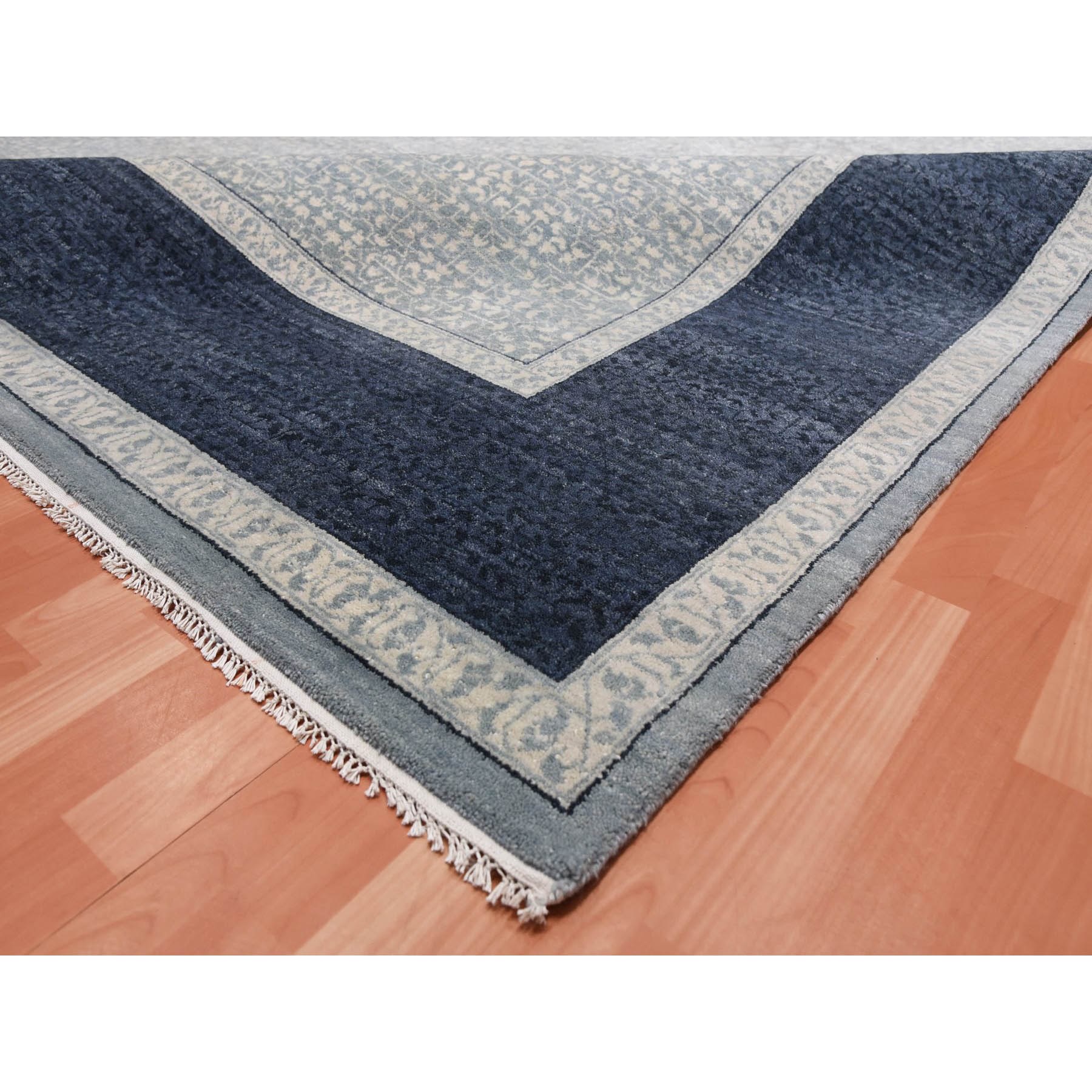 12'2"x15'3" Shades of Blue, Leaf All Over Pattern with A Distinct Contrasting Border Colors, Tone on Tone, Pure Wool Hand Knotted, Oversized Oriental Rug HR75169 - Image 7