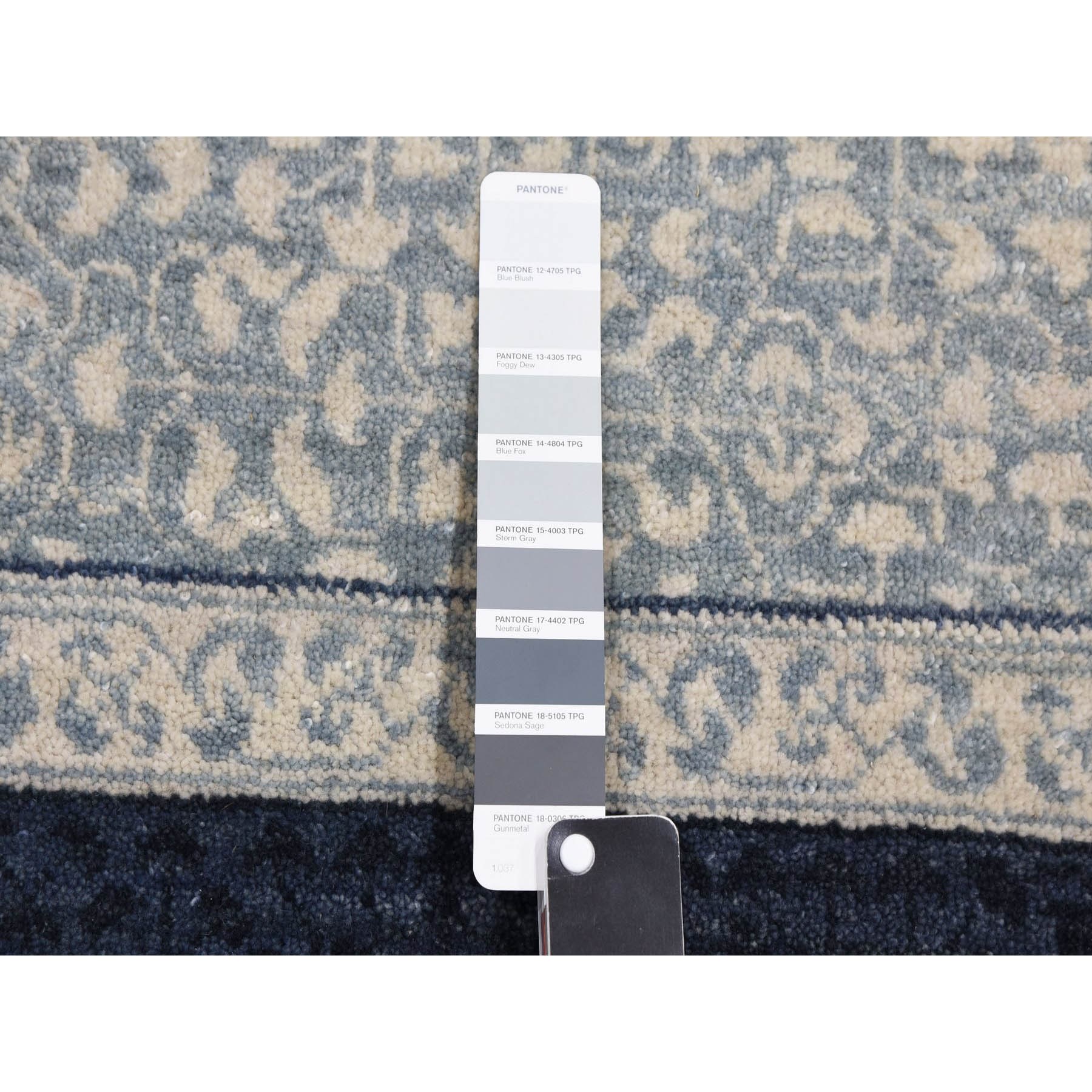 12'2"x15'3" Shades of Blue, Leaf All Over Pattern with A Distinct Contrasting Border Colors, Tone on Tone, Pure Wool Hand Knotted, Oversized Oriental Rug HR75169 - Image 8
