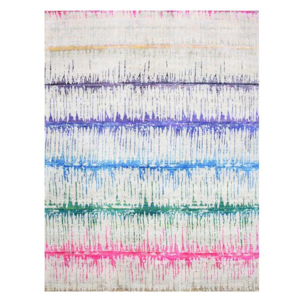 9'1"x12' Ivory, THE CARDIAC, Sari Silk with Textured Wool Hand Knotted, Oriental Rug HR75174