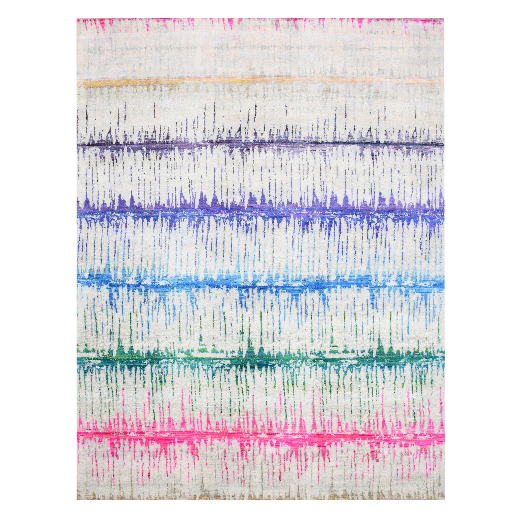 9'1"x12' Ivory, THE CARDIAC, Sari Silk with Textured Wool Hand Knotted, Oriental Rug HR75174