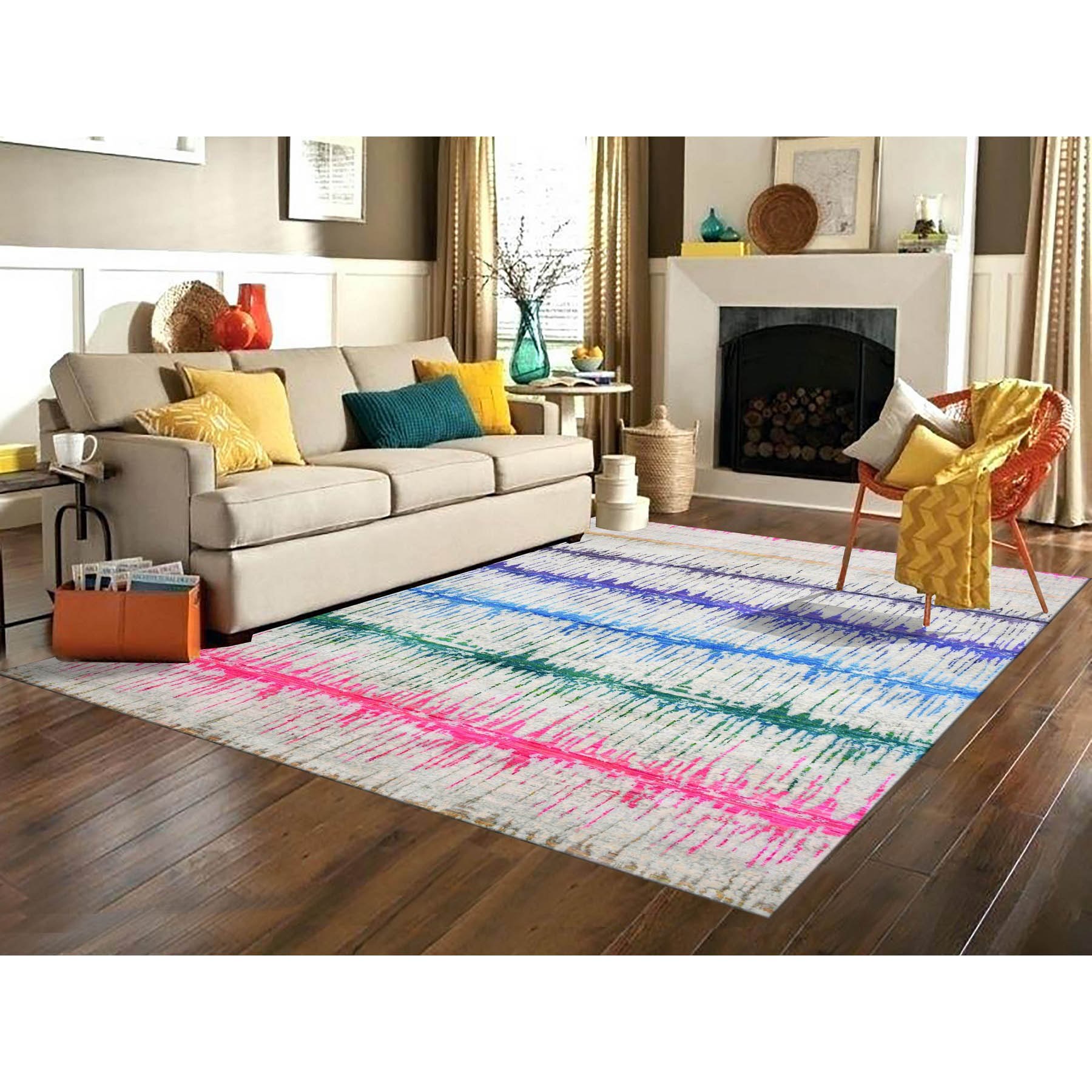 9'1"x12' Ivory, THE CARDIAC, Sari Silk with Textured Wool Hand Knotted, Oriental Rug HR75174 - Image 2