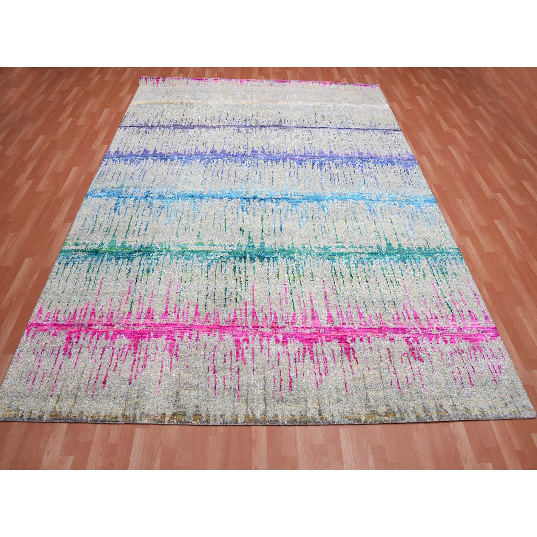 9'1"x12' Ivory, THE CARDIAC, Sari Silk with Textured Wool Hand Knotted, Oriental Rug HR75174 - Image 3