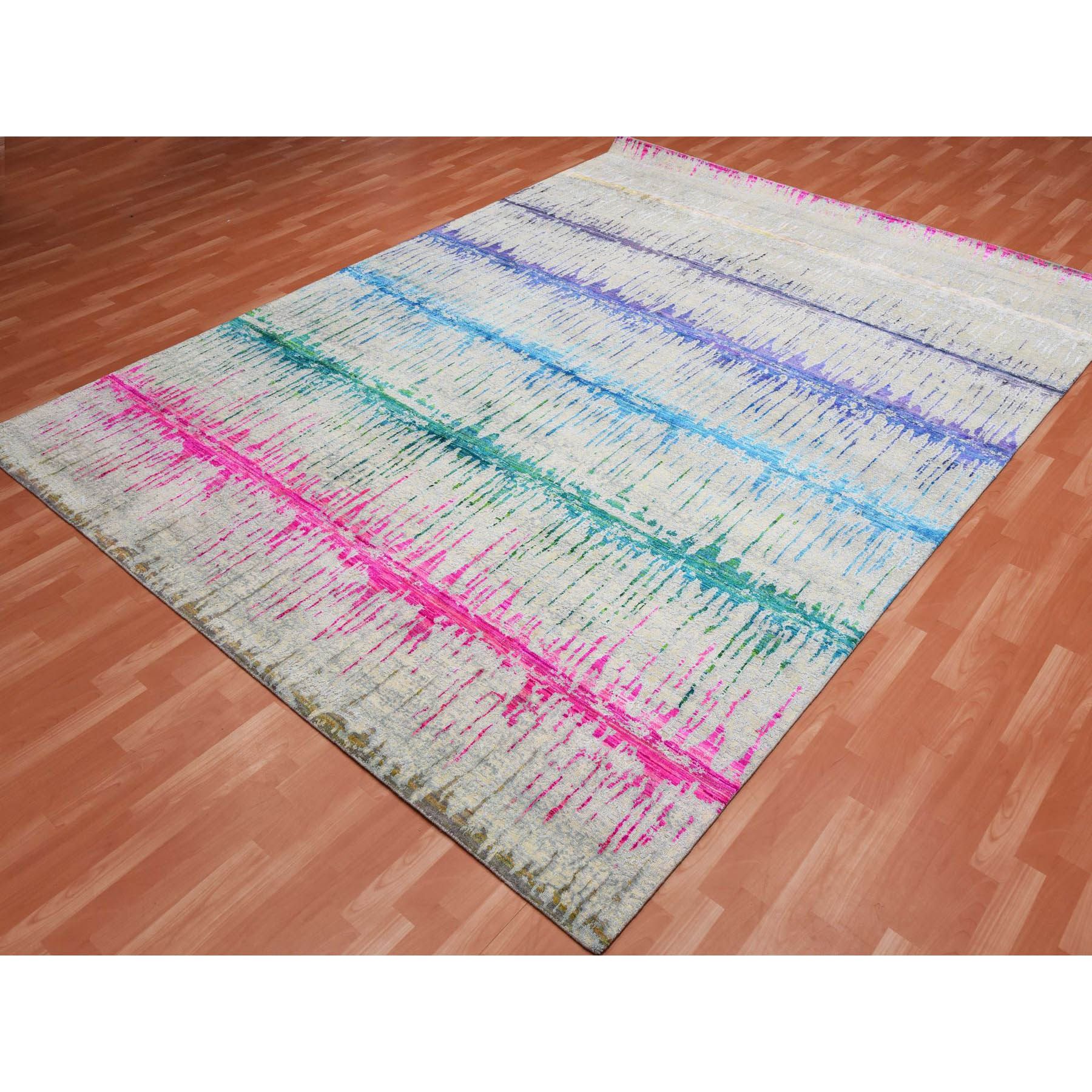 9'1"x12' Ivory, THE CARDIAC, Sari Silk with Textured Wool Hand Knotted, Oriental Rug HR75174 - Image 4
