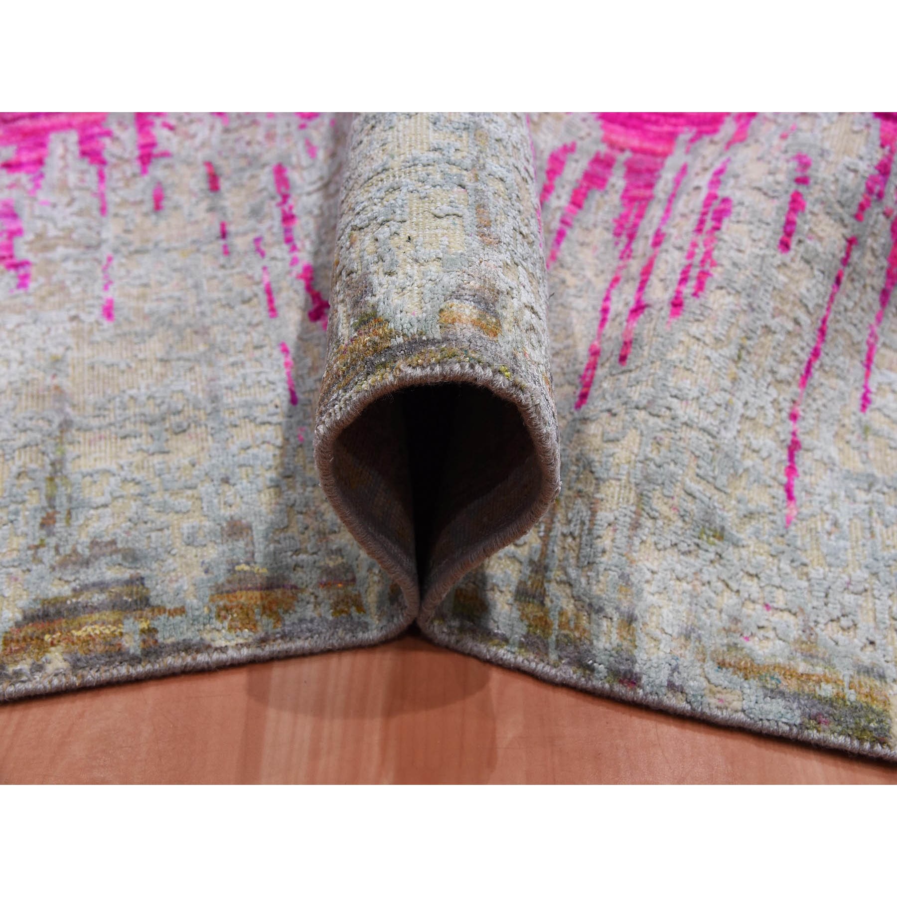 9'1"x12' Ivory, THE CARDIAC, Sari Silk with Textured Wool Hand Knotted, Oriental Rug HR75174 - Image 6