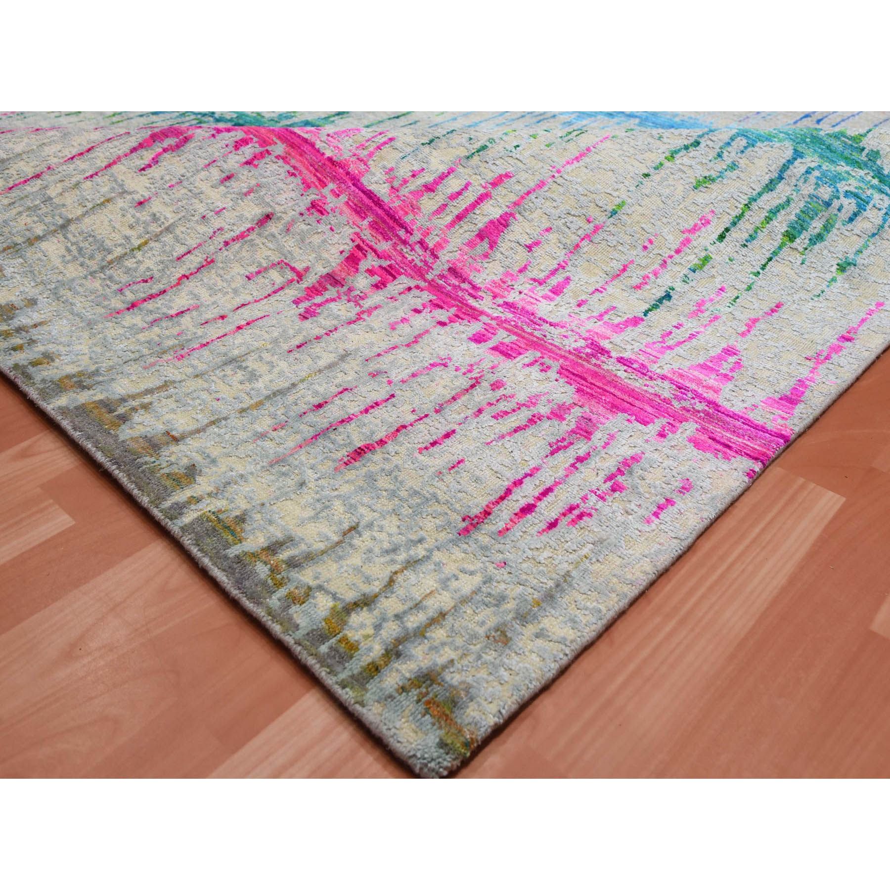 9'1"x12' Ivory, THE CARDIAC, Sari Silk with Textured Wool Hand Knotted, Oriental Rug HR75174 - Image 7
