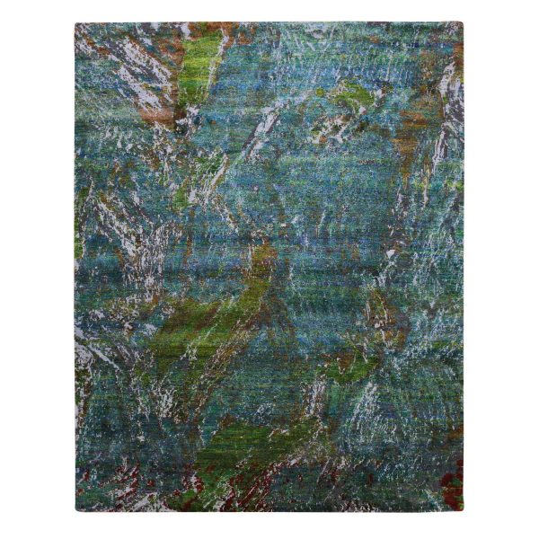 8'x9'10" Aqua Marine Oceanic Design, Hand Knotted Sari Silk & Textured Wool, Oriental Rug HR75177
