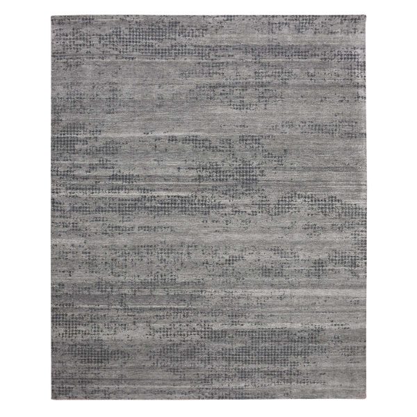 8'x10'1" Black and Gray, Modern Design Zero Pile, Pure Silk Hand Knotted, Oriental Rug HR75179