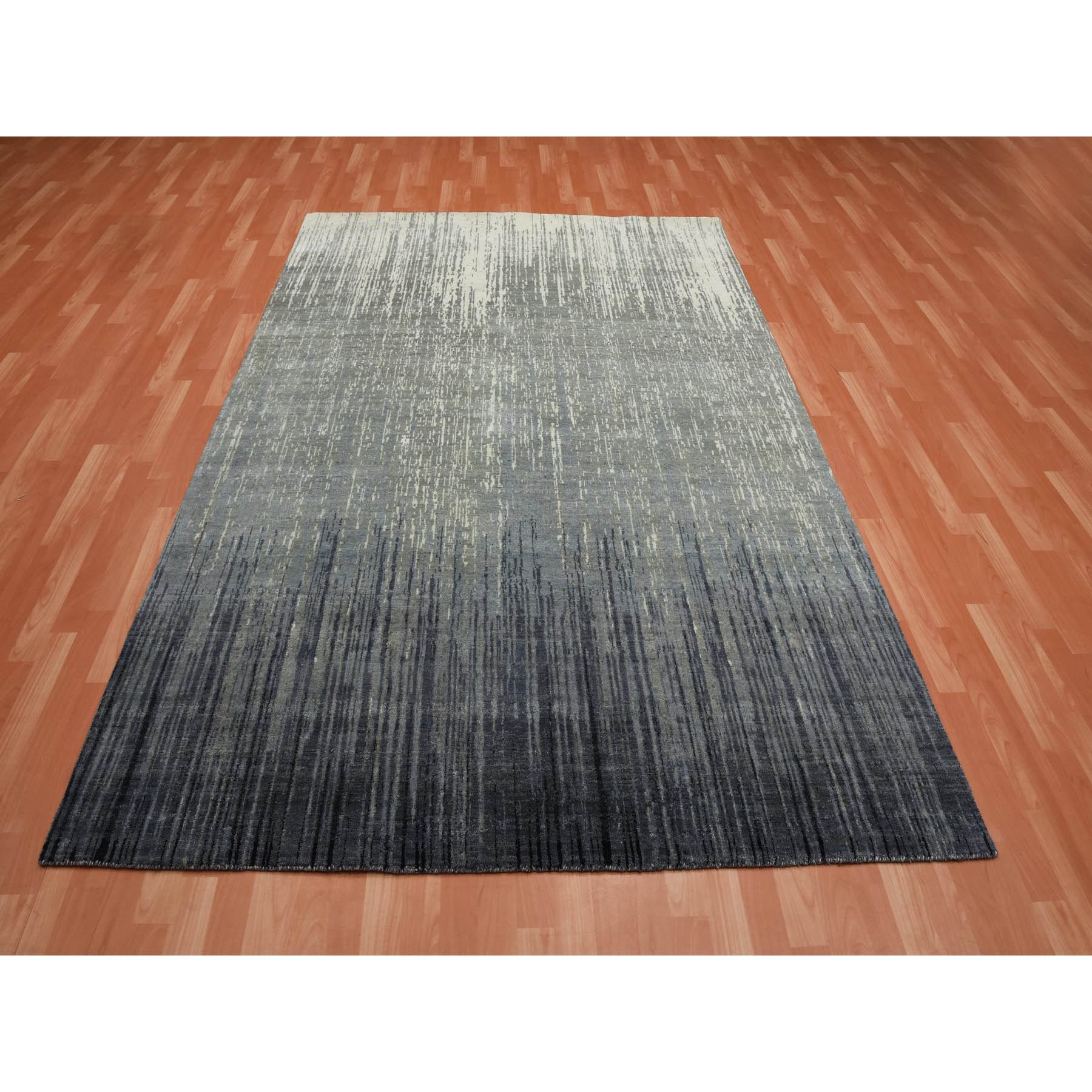 6'1"x9'2" Gray and Blue, Modern Ombre Design Densely Woven, Pure Wool Hand Knotted, Oriental Rug HR75182 - Image 2