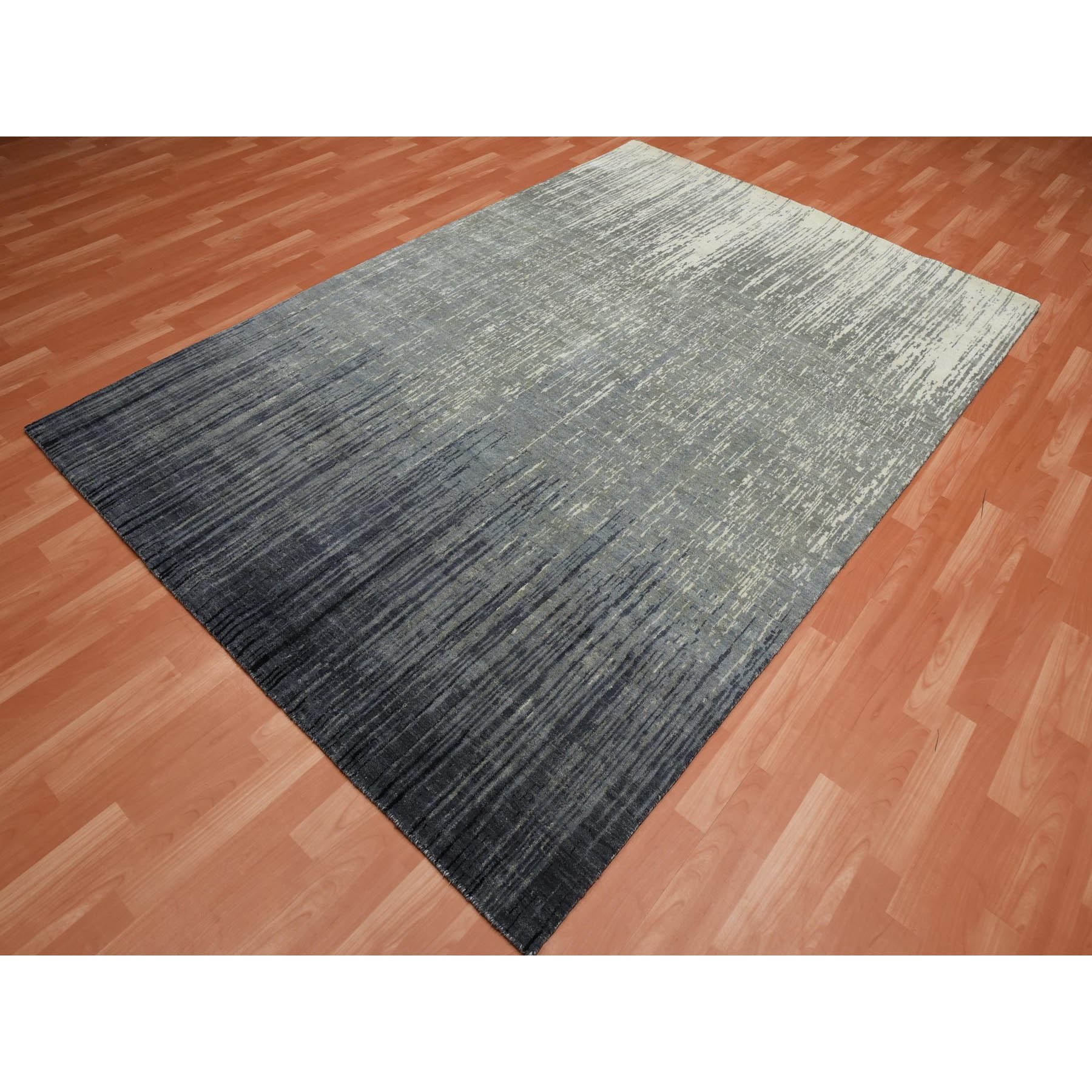 6'1"x9'2" Gray and Blue, Modern Ombre Design Densely Woven, Pure Wool Hand Knotted, Oriental Rug HR75182 - Image 3