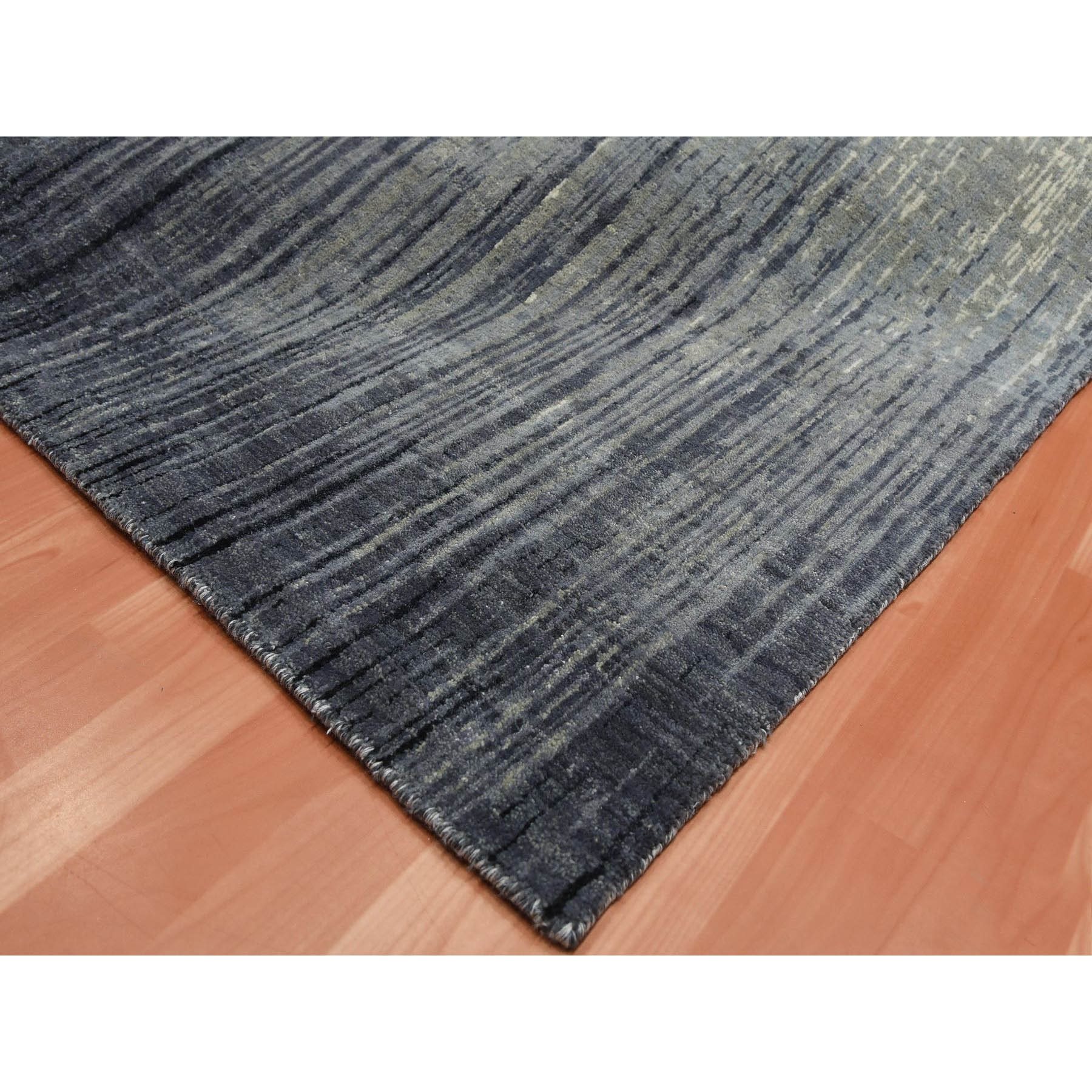 6'1"x9'2" Gray and Blue, Modern Ombre Design Densely Woven, Pure Wool Hand Knotted, Oriental Rug HR75182 - Image 6