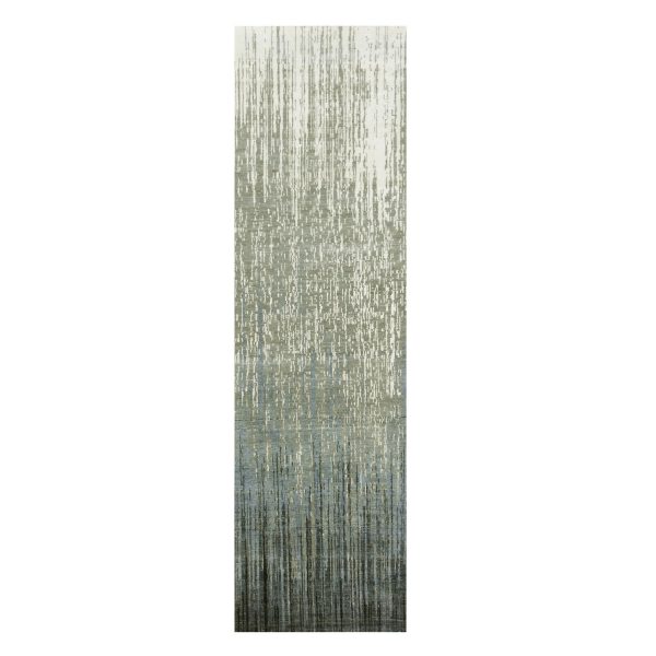 2'6"x10'2" Gray and Blue, Pure Wool Hand Knotted, Modern Ombre Design Densely Woven, Runner Oriental Rug HR75183