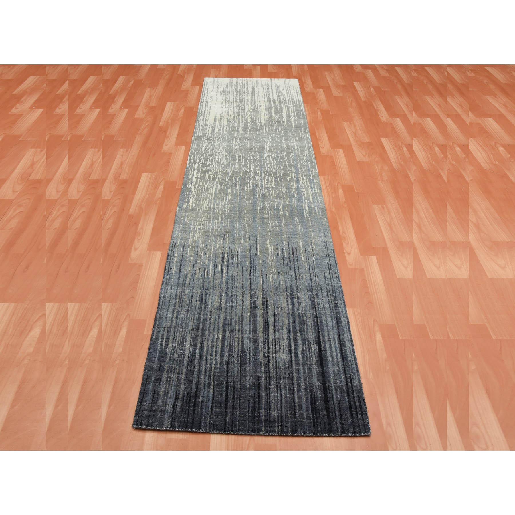 2'6"x10'2" Gray and Blue, Pure Wool Hand Knotted, Modern Ombre Design Densely Woven, Runner Oriental Rug HR75184 - Image 2