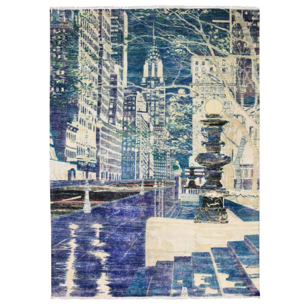 8'8"x12'1" Indigo Blue, The Empire State Building, Sari Silk and Textured Wool Hand Knotted, Oriental Rug HR75196