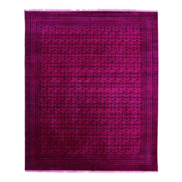 8'x9'7" Overdyed Pink, 100% Cotton Hand Knotted Agra with Small Repetitive Mughal Design, Oriental Rug HR75212