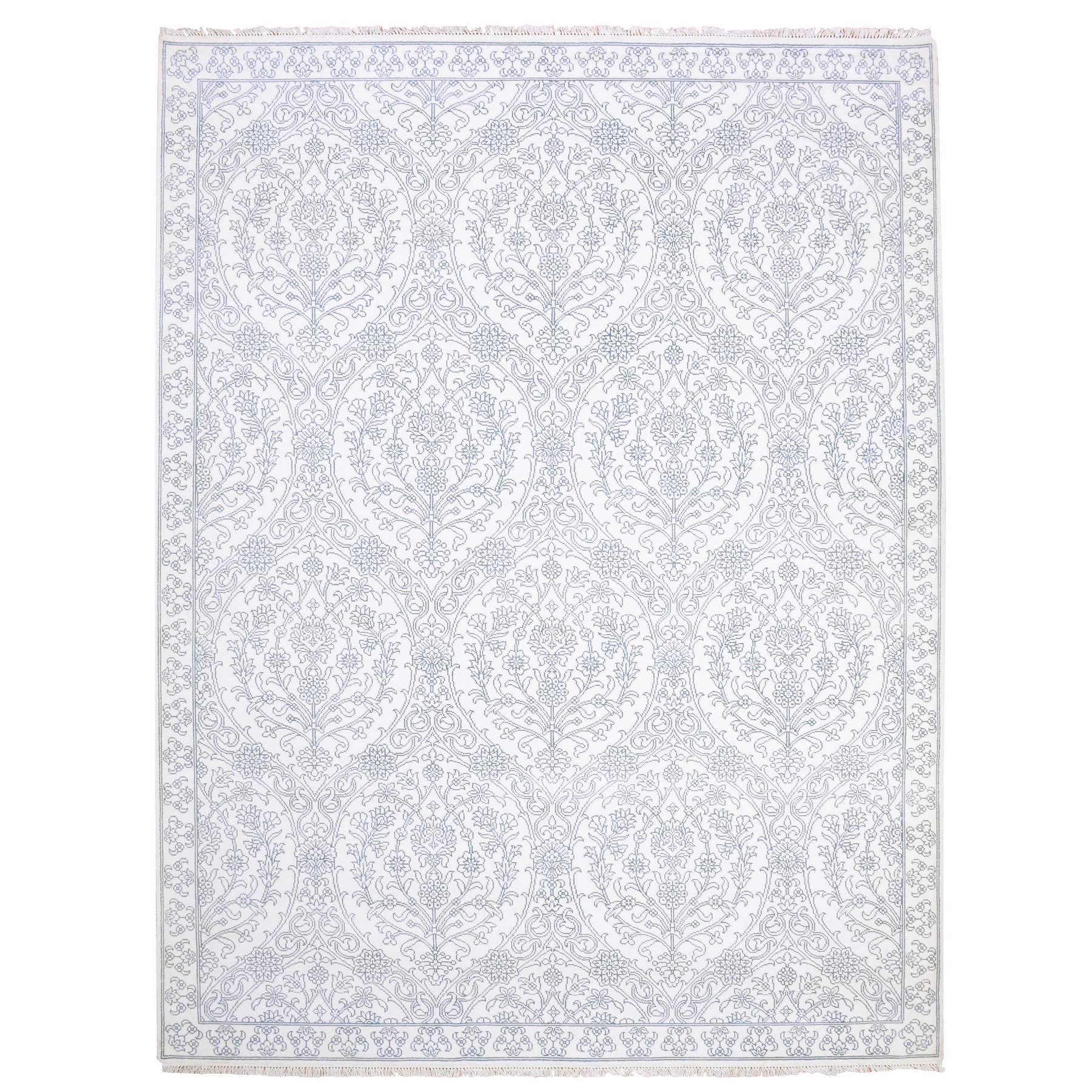 9'4"x11'9" Ivory, 100% Cotton, Agra with Mughal Flower Bouquet Design Hand Knotted, Oriental Rug HR75214
