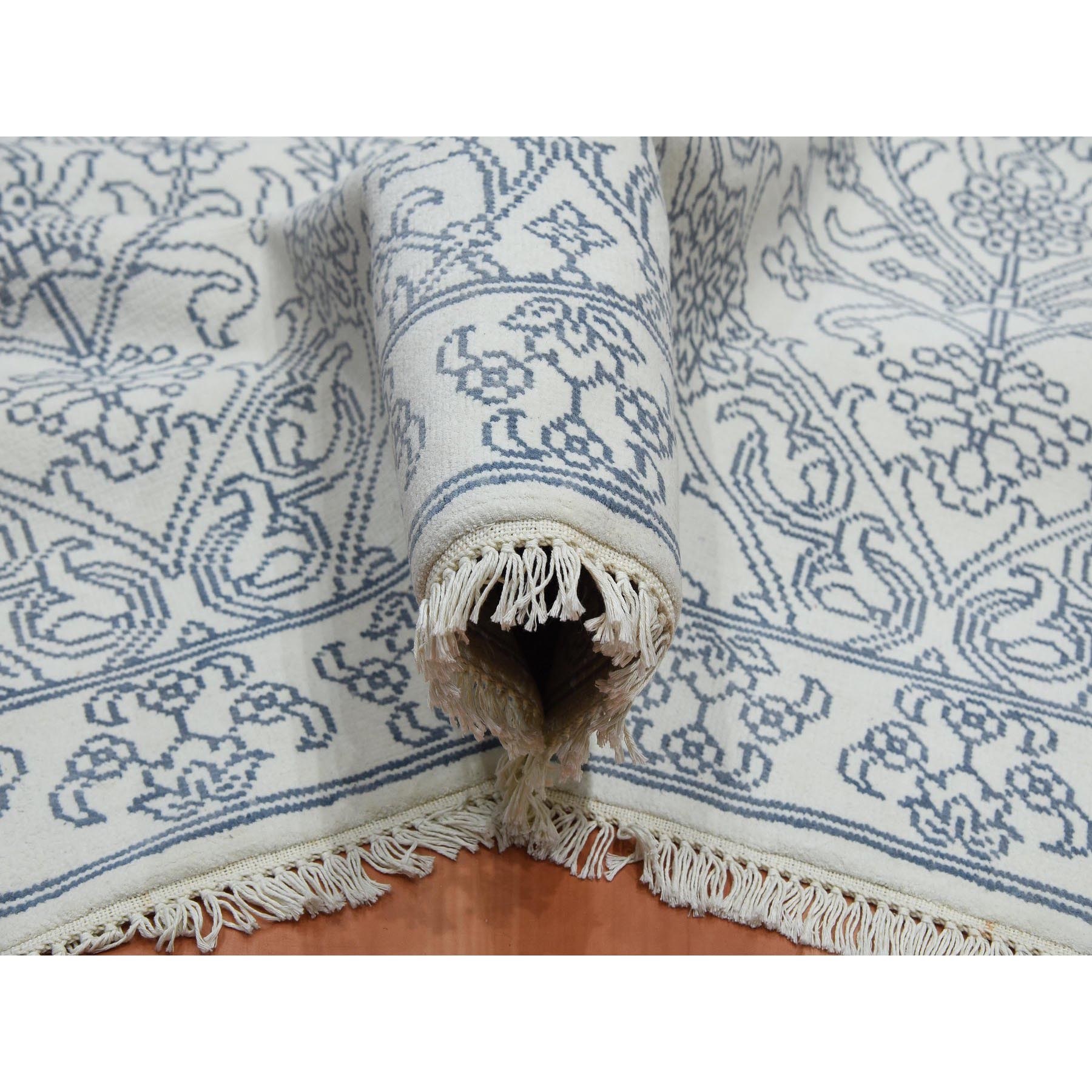 9'4"x11'9" Ivory, 100% Cotton, Agra with Mughal Flower Bouquet Design Hand Knotted, Oriental Rug HR75214 - Image 6