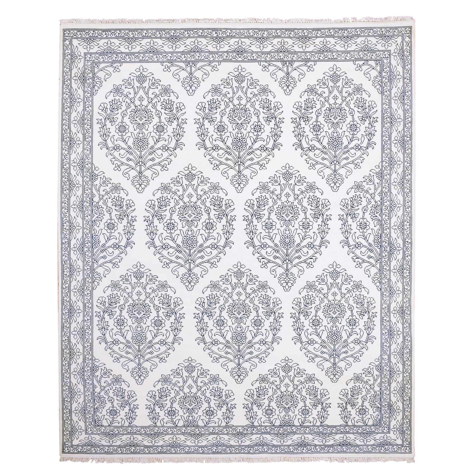 8'x9'9" Ivory, Hand Knotted 100% Cotton, Agra with Mughal Flower Bouquet Design, Oriental Rug HR75215