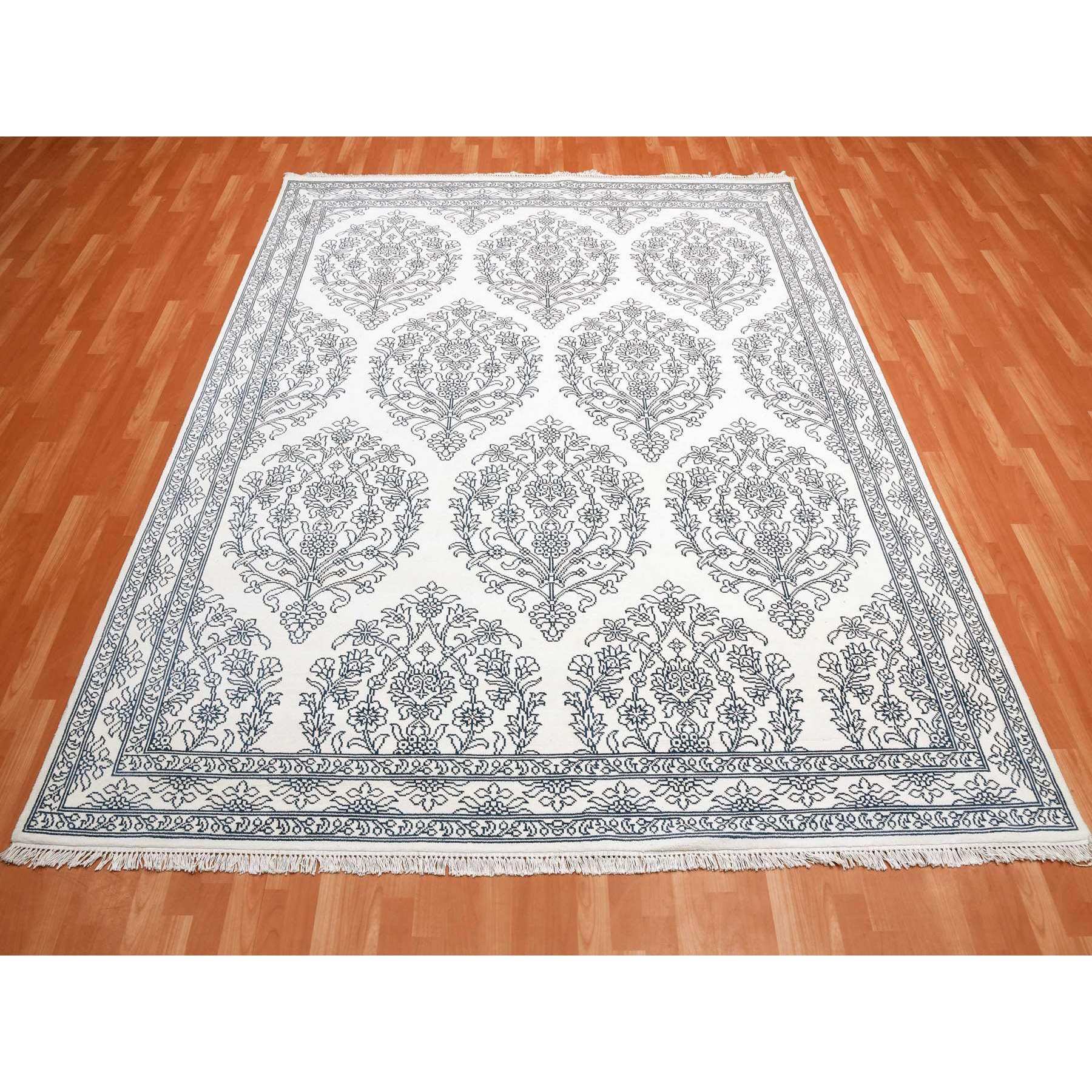 8'x9'9" Ivory, Hand Knotted 100% Cotton, Agra with Mughal Flower Bouquet Design, Oriental Rug HR75215 - Image 3