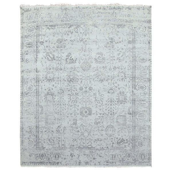 8'x9'10" Silver Gray, Wool and Silk Hand Knotted, Broken Erased Persian Tabriz Design, Oriental Rug HR79274