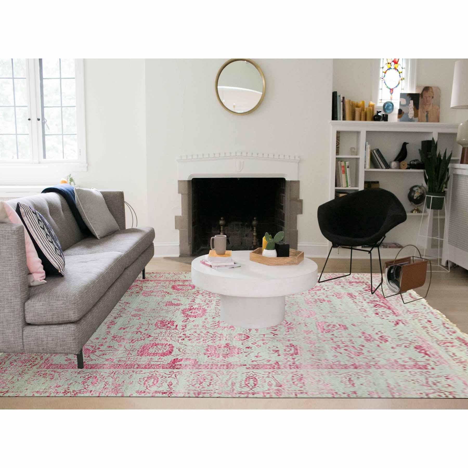 8'10"x11'3" Beige and Pink, Broken Persian Tabriz Erased Design, Wool and Silk Hand Knotted, Oriental Rug HR79275 - Image 2