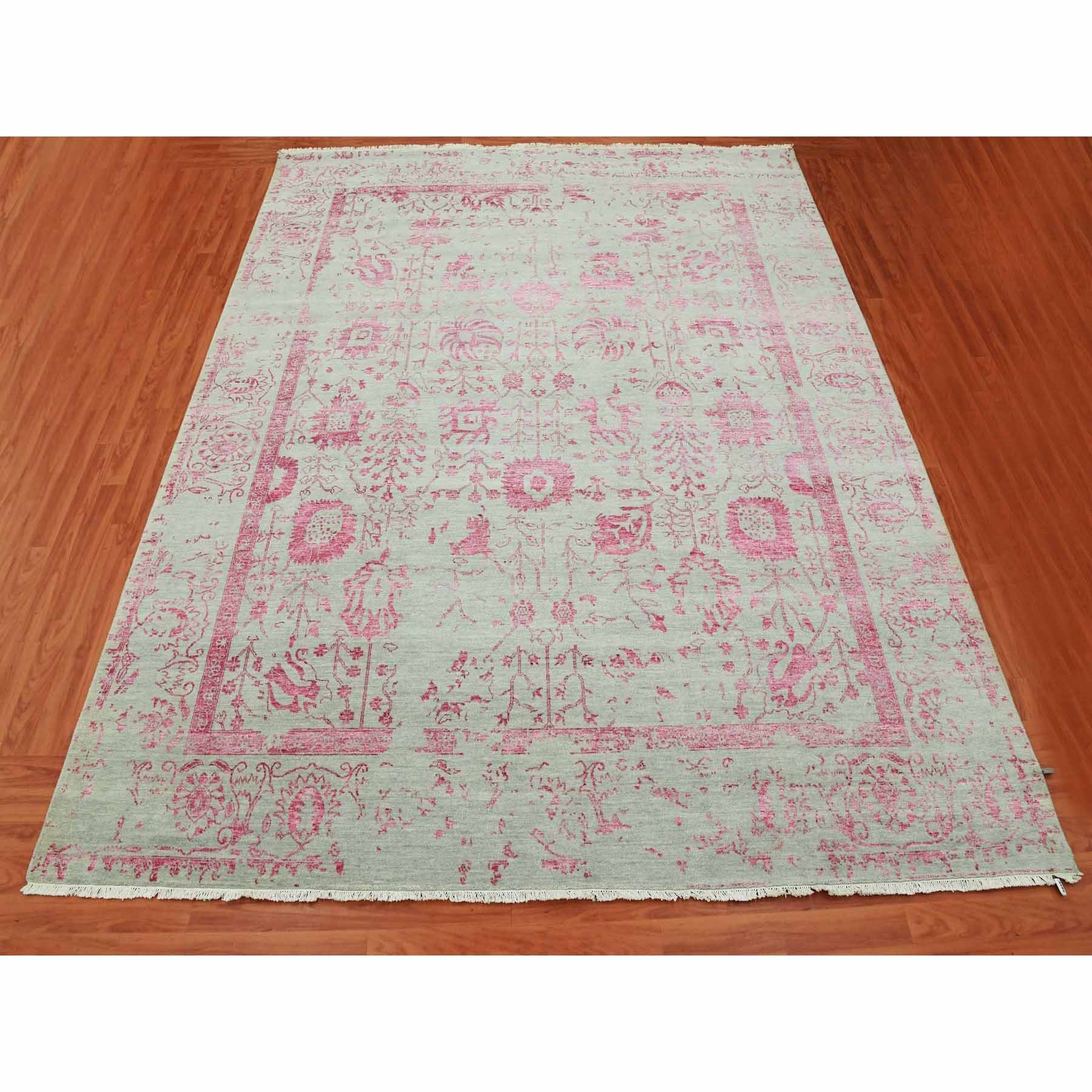 8'10"x11'3" Beige and Pink, Broken Persian Tabriz Erased Design, Wool and Silk Hand Knotted, Oriental Rug HR79275 - Image 3