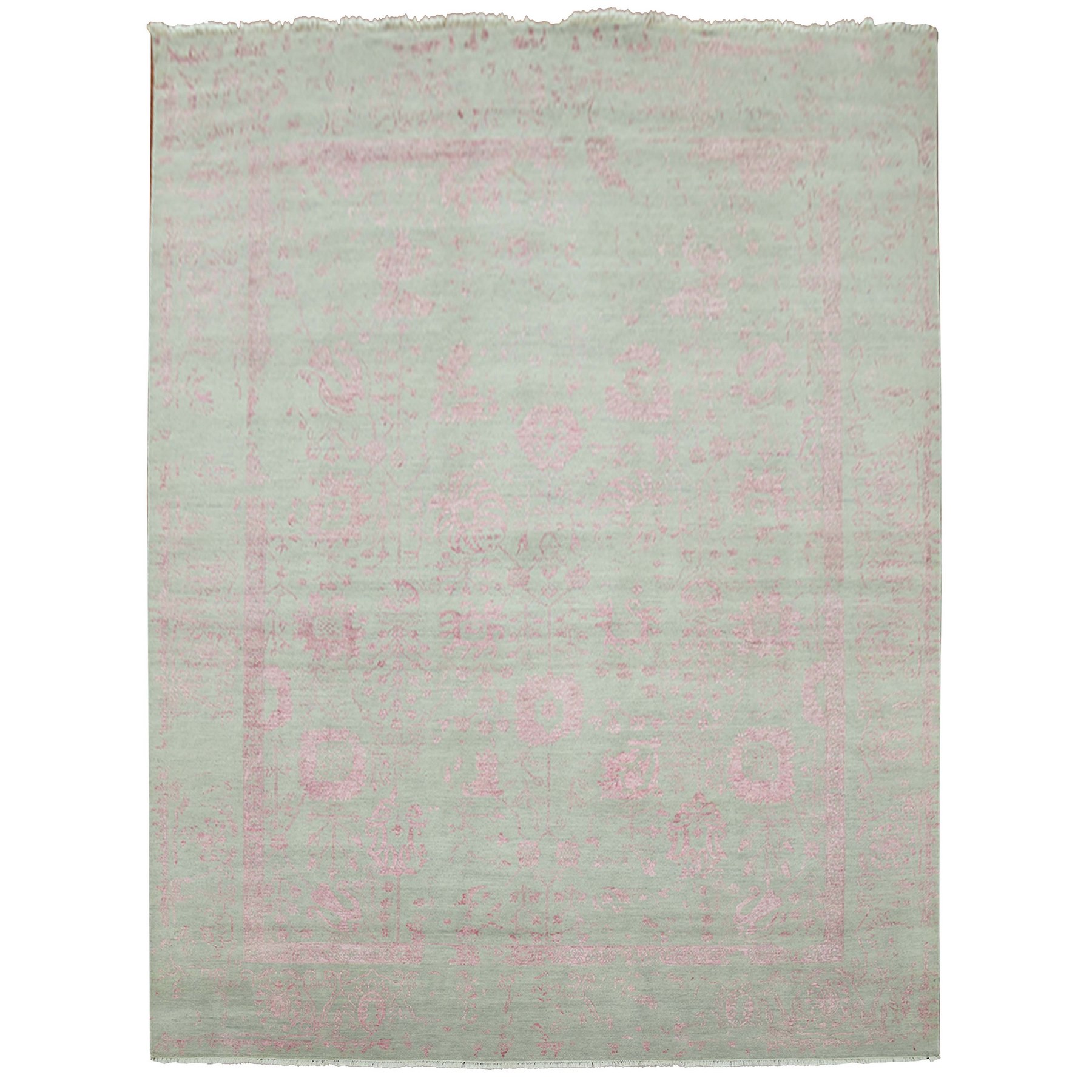 9'x11'10" Sage Gray with Touches of Pink, Broken Erased Persian Design Wool and Silk Hand Knotted, Oriental Rug HR79284