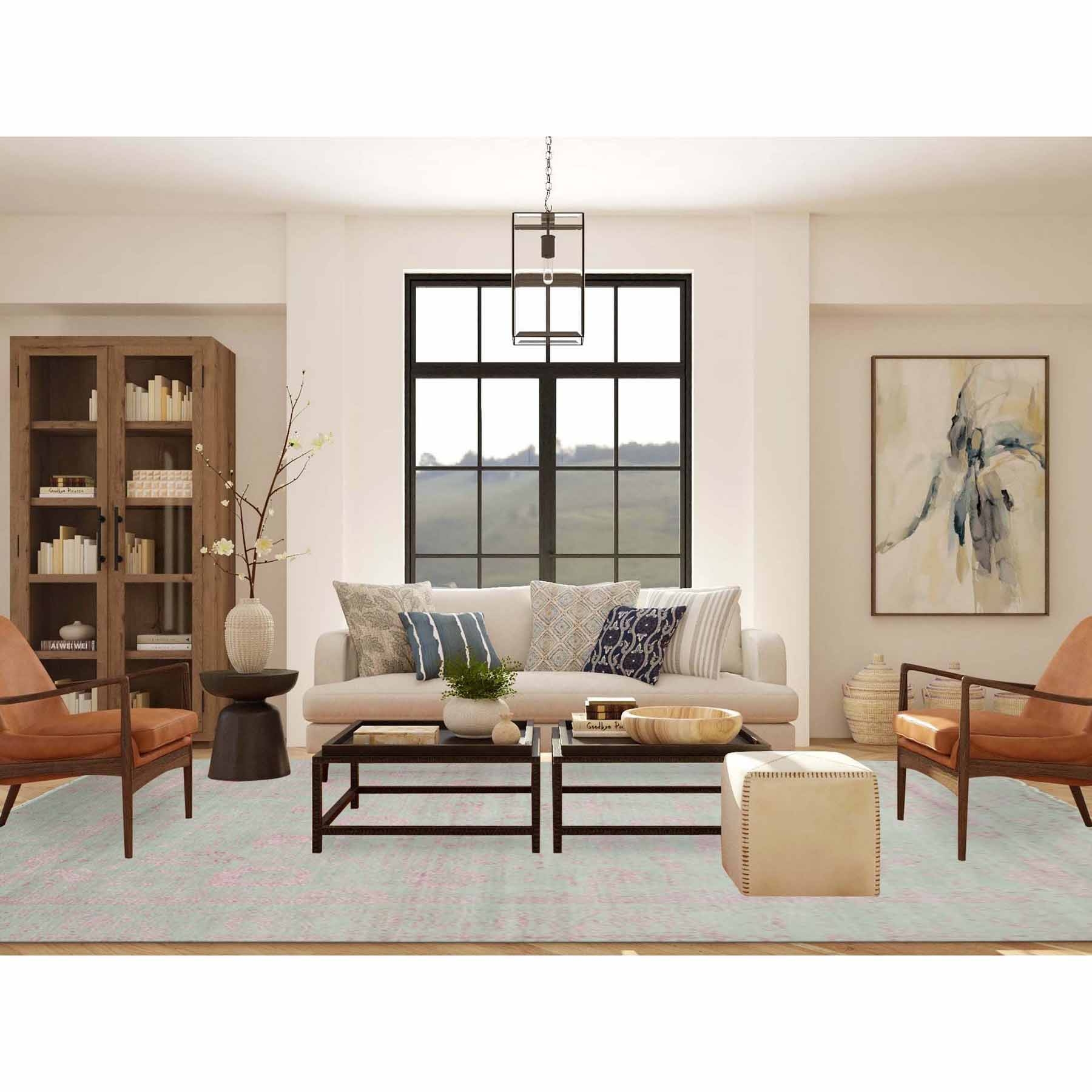 9'x11'10" Sage Gray with Touches of Pink, Broken Erased Persian Design Wool and Silk Hand Knotted, Oriental Rug HR79284 - Image 2