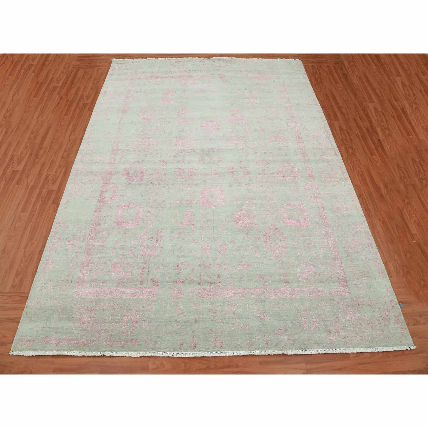 9'x11'10" Sage Gray with Touches of Pink, Broken Erased Persian Design Wool and Silk Hand Knotted, Oriental Rug HR79284 - Image 3