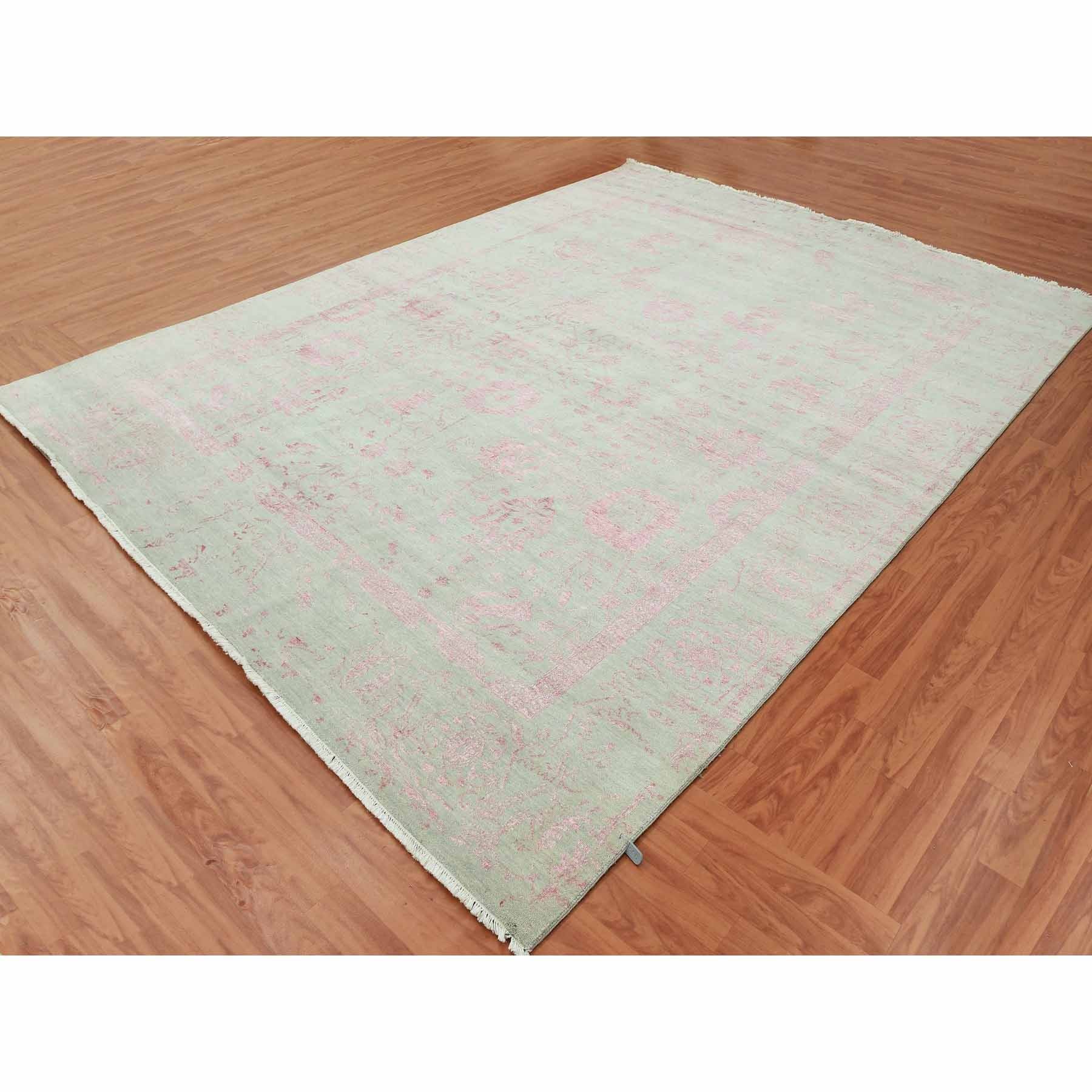 9'x11'10" Sage Gray with Touches of Pink, Broken Erased Persian Design Wool and Silk Hand Knotted, Oriental Rug HR79284 - Image 4