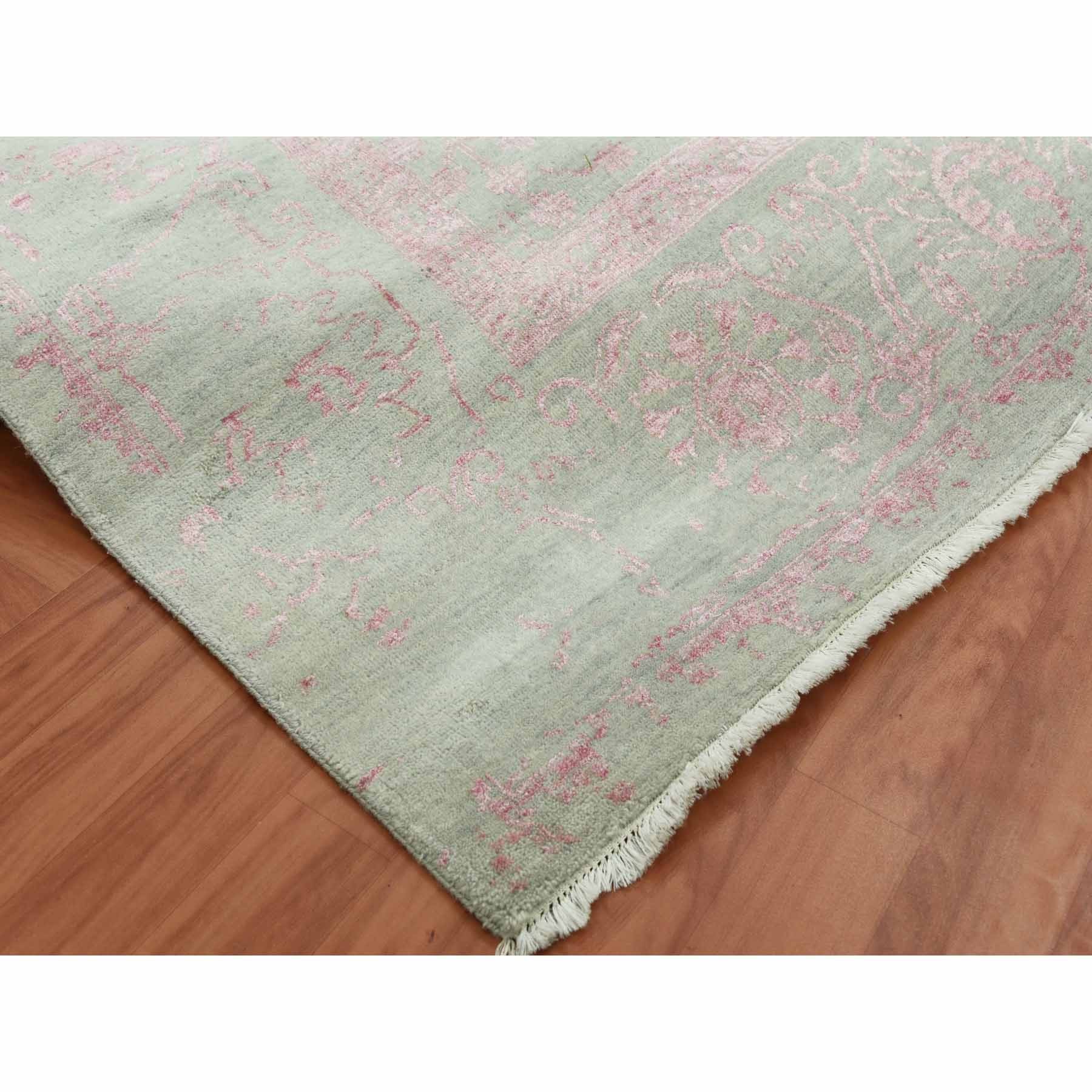 9'x11'10" Sage Gray with Touches of Pink, Broken Erased Persian Design Wool and Silk Hand Knotted, Oriental Rug HR79284 - Image 7