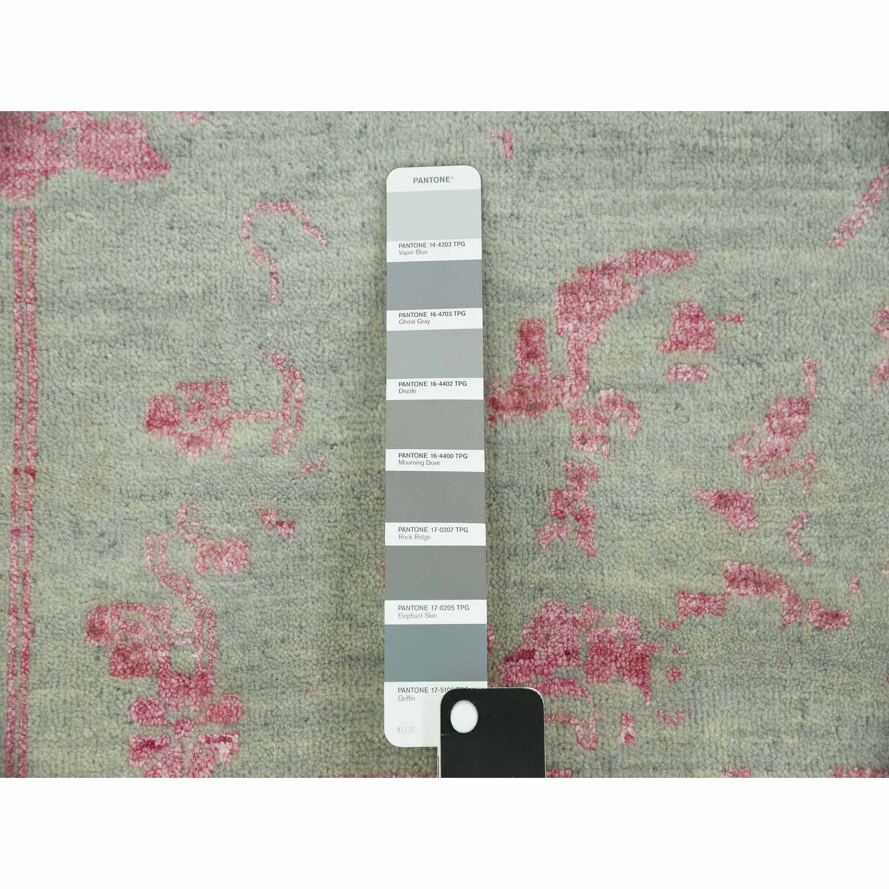 9'x11'10" Sage Gray with Touches of Pink, Broken Erased Persian Design Wool and Silk Hand Knotted, Oriental Rug HR79284 - Image 8