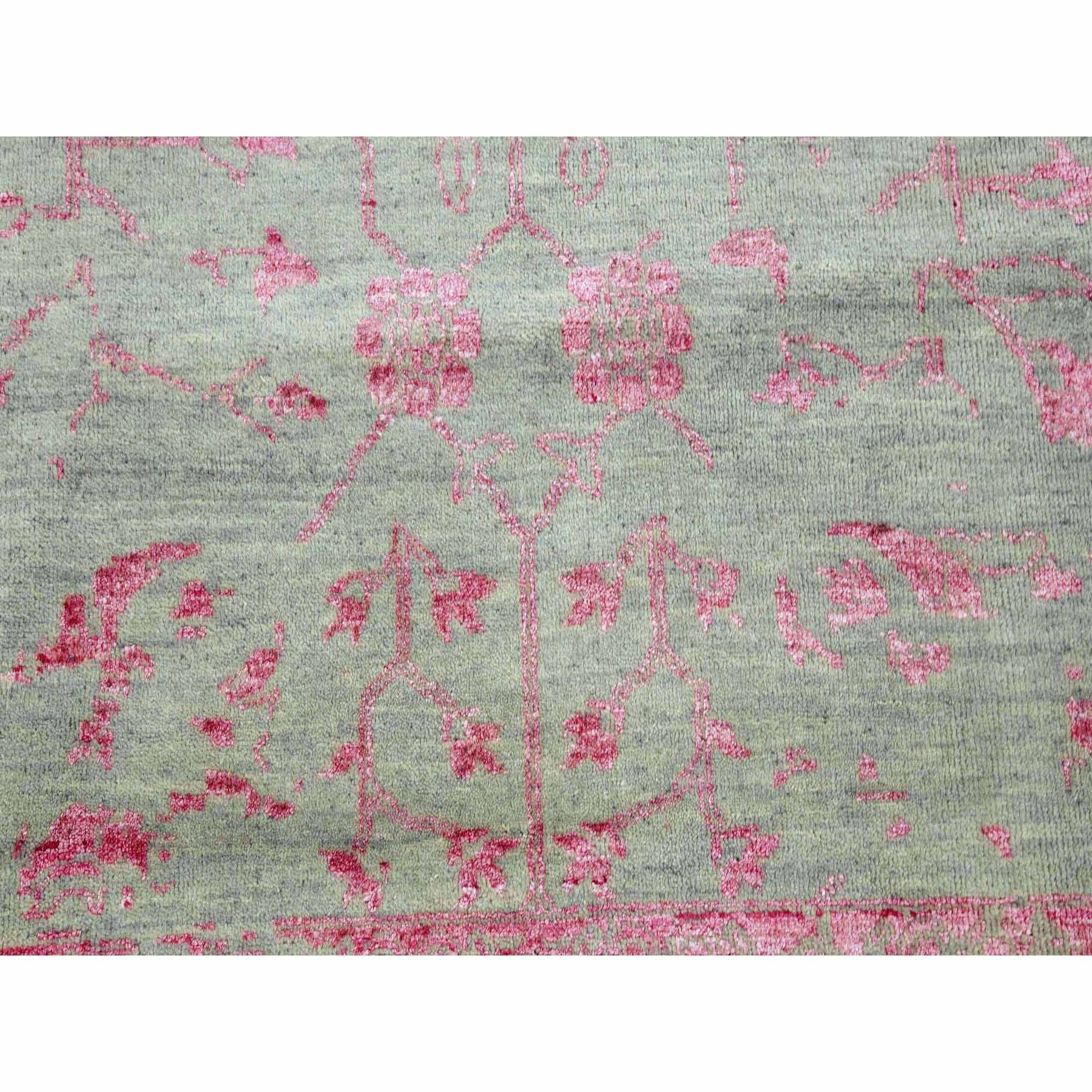 9'x11'10" Sage Gray with Touches of Pink, Broken Erased Persian Design Wool and Silk Hand Knotted, Oriental Rug HR79284 - Image 9