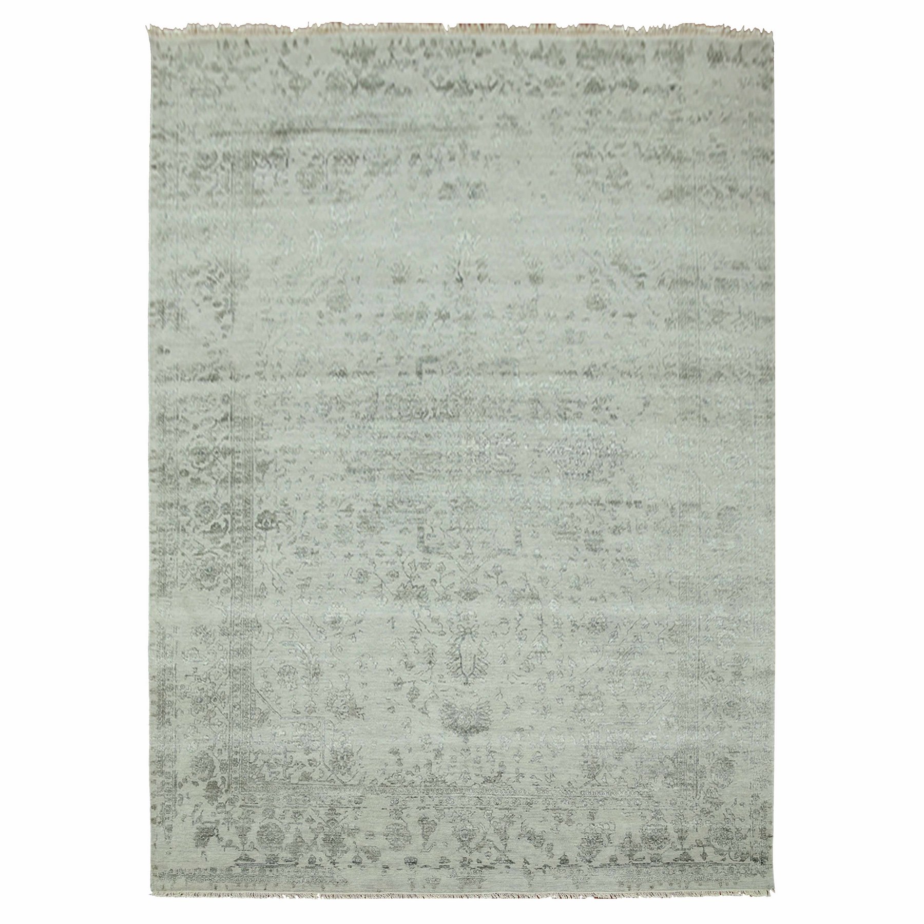 9'10"x14'3" Gainsboro Gray, Wool and Silk Hand Knotted, Broken Persian Erased Heriz Design, Oriental Rug HR79288