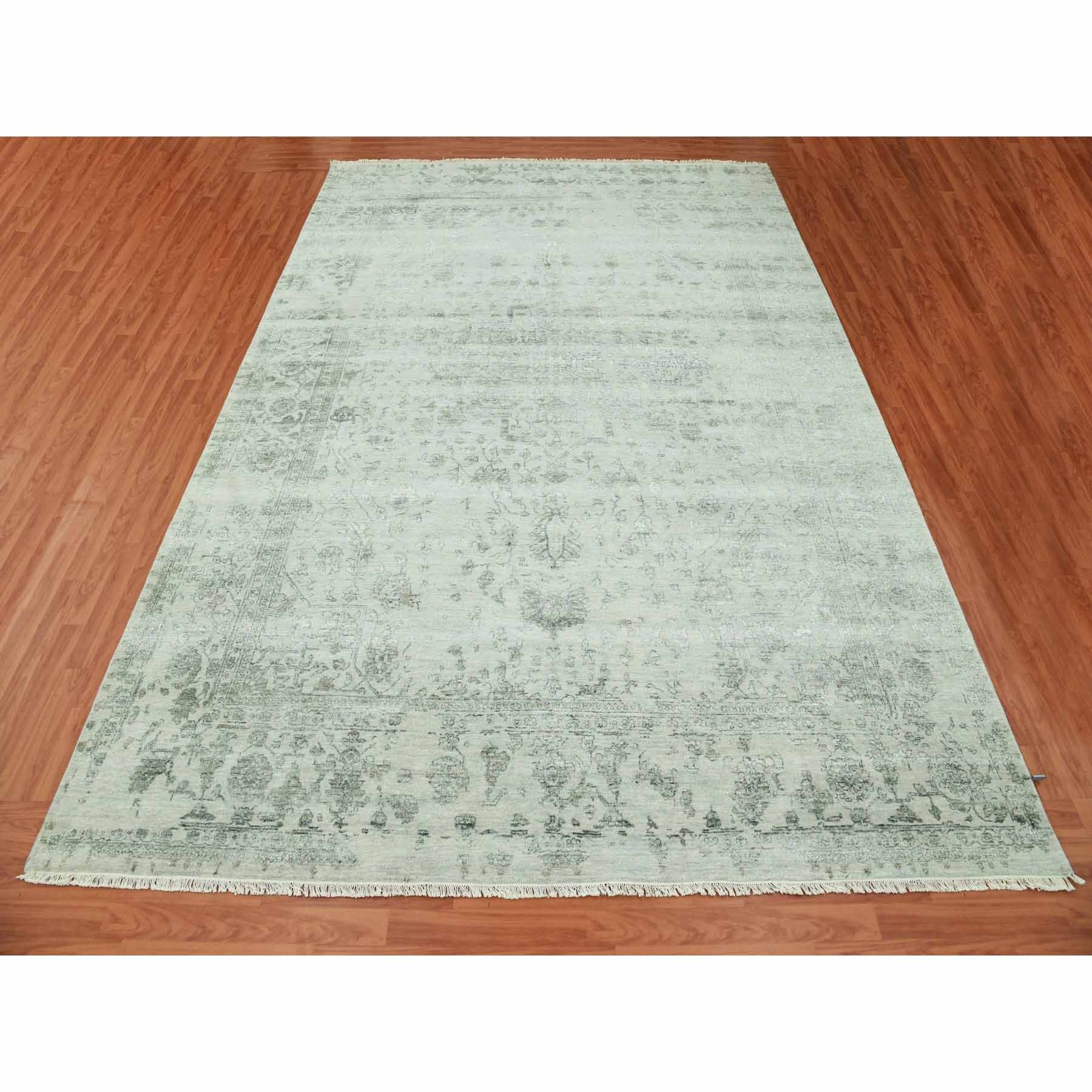 9'10"x14'3" Gainsboro Gray, Wool and Silk Hand Knotted, Broken Persian Erased Heriz Design, Oriental Rug HR79288 - Image 3