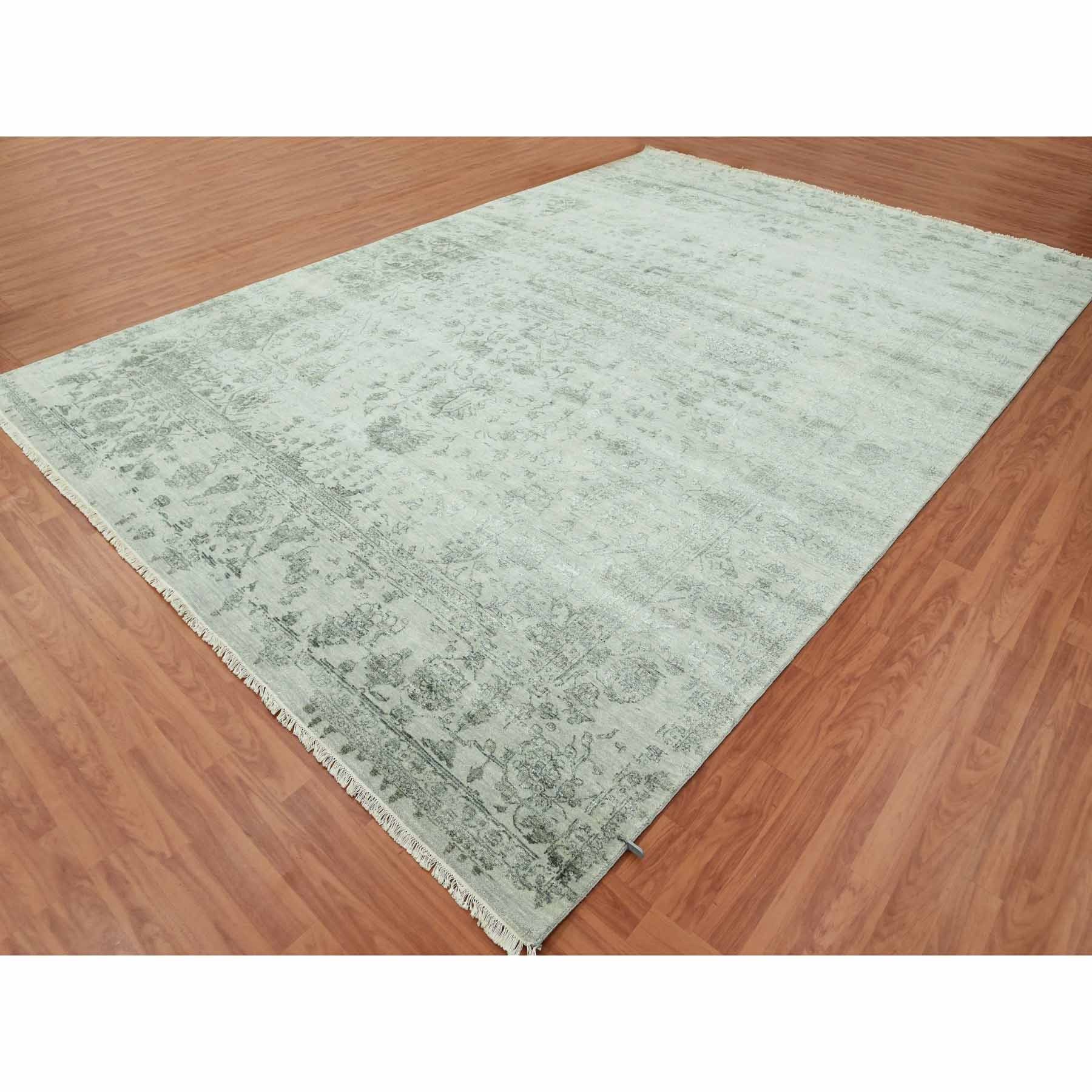 9'10"x14'3" Gainsboro Gray, Wool and Silk Hand Knotted, Broken Persian Erased Heriz Design, Oriental Rug HR79288 - Image 4