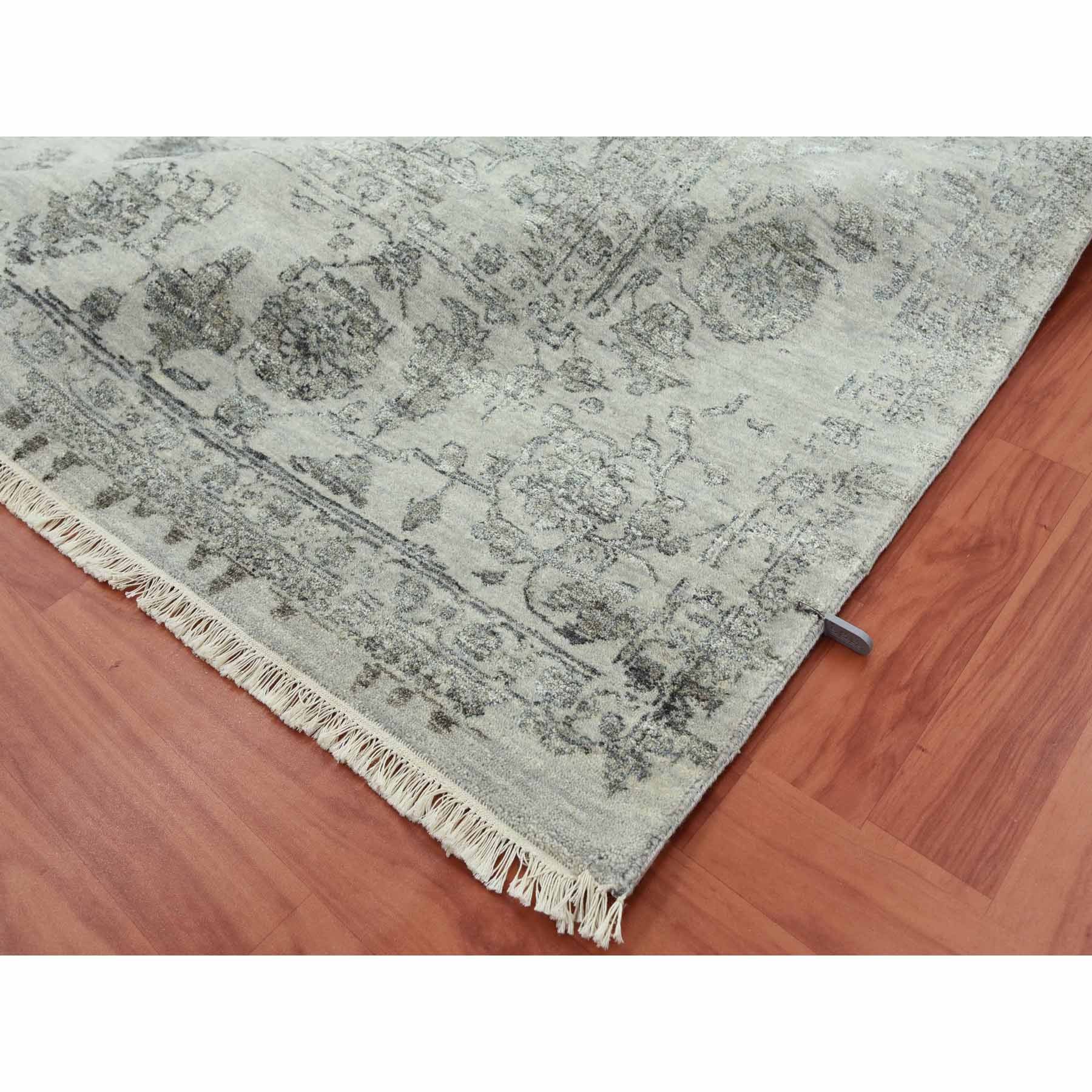 9'10"x14'3" Gainsboro Gray, Wool and Silk Hand Knotted, Broken Persian Erased Heriz Design, Oriental Rug HR79288 - Image 7