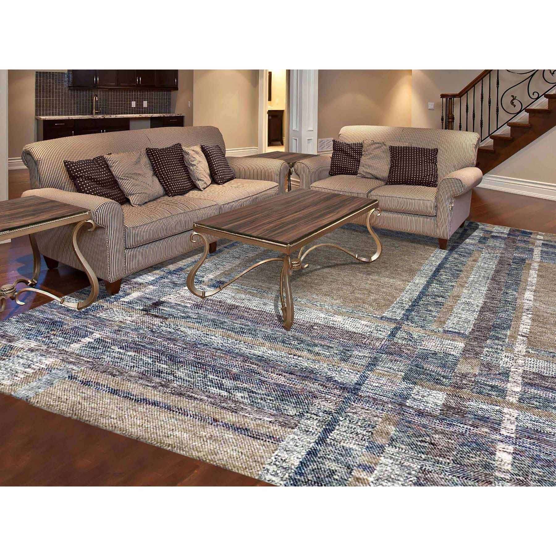 8'2"x10'2" Almond Brown, Modern Geometric Opened Up Plaid Design, 100% Wool Hand Knotted, Oriental Rug HR79378 - Image 2
