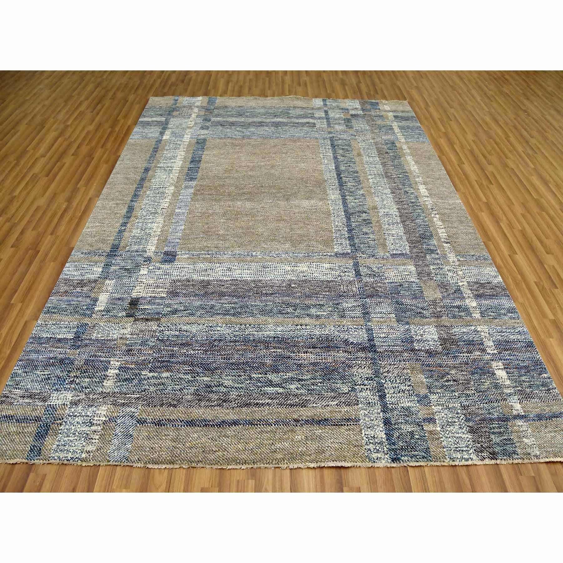 8'2"x10'2" Almond Brown, Modern Geometric Opened Up Plaid Design, 100% Wool Hand Knotted, Oriental Rug HR79378 - Image 3