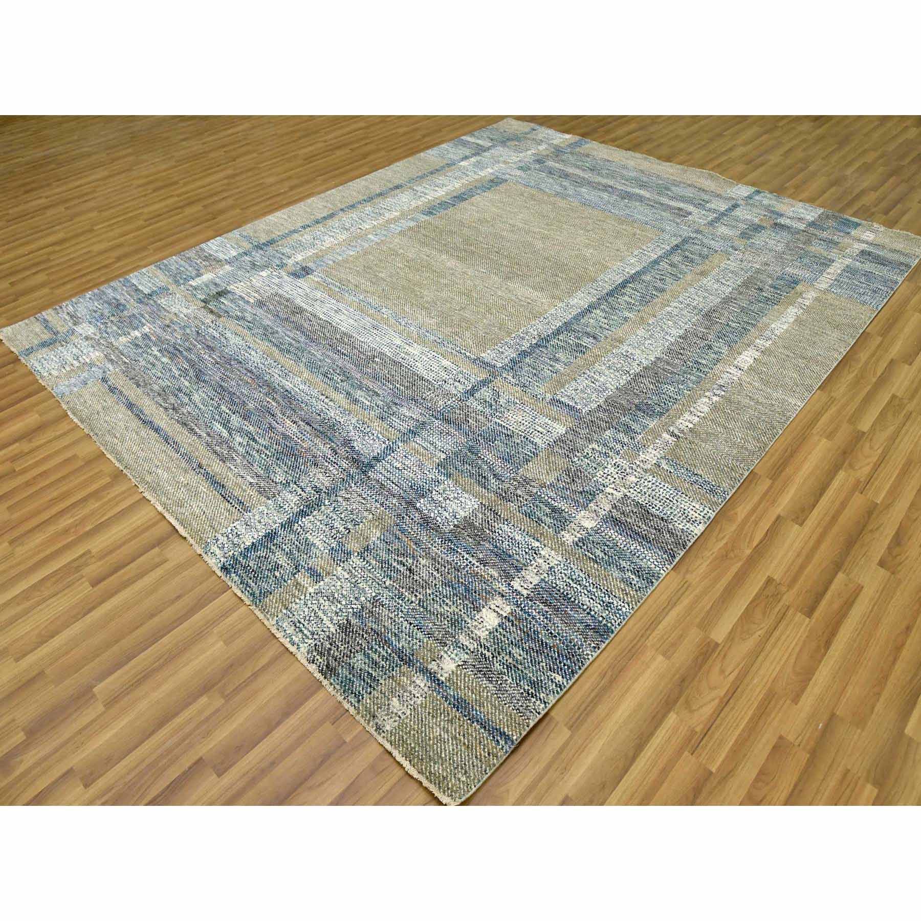8'2"x10'2" Almond Brown, Modern Geometric Opened Up Plaid Design, 100% Wool Hand Knotted, Oriental Rug HR79378 - Image 4