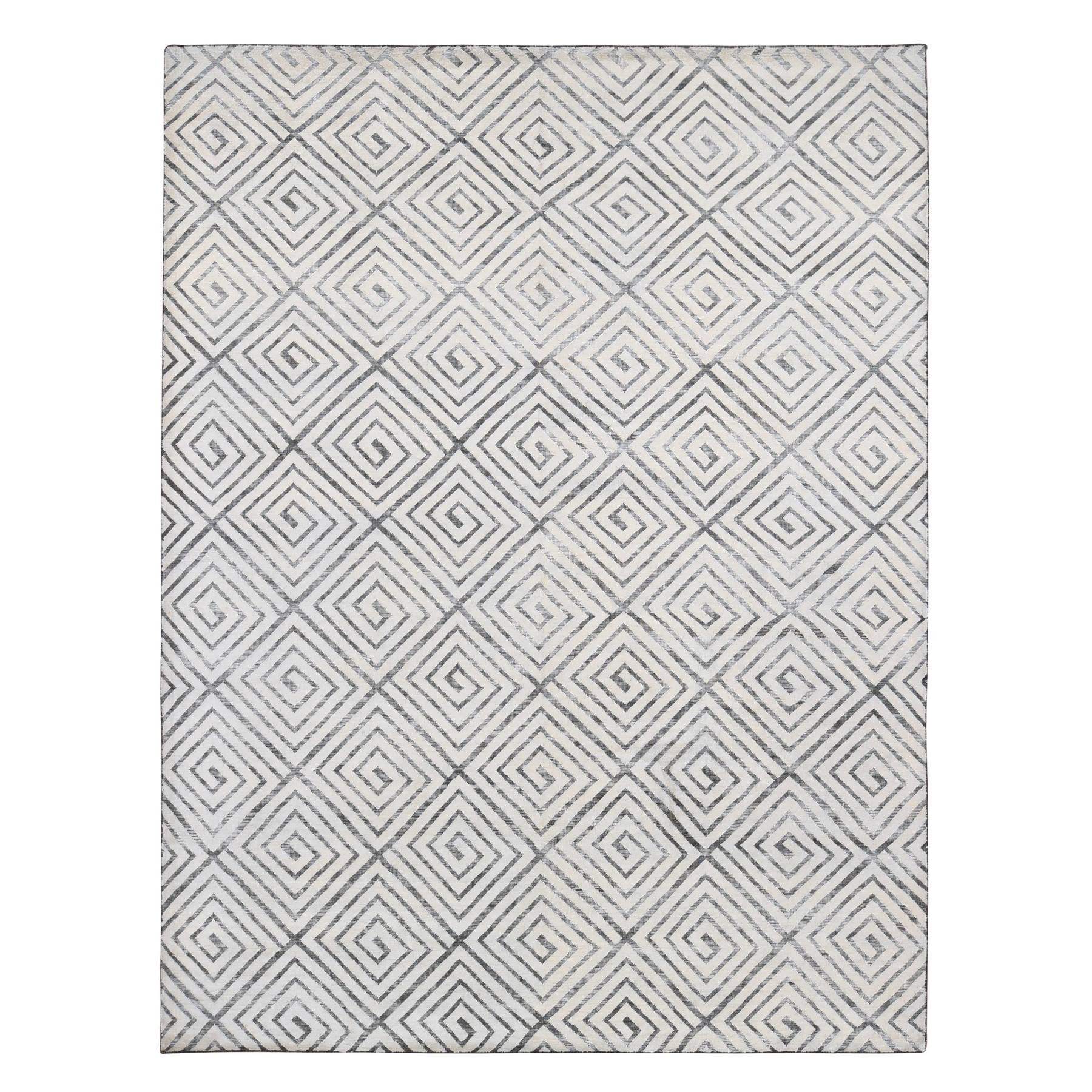 9'x12' Ivory, Roman Key Squares Design, Hand Knotted, Pure Silk with Textured Wool, Modern, Oriental Rug HR80447