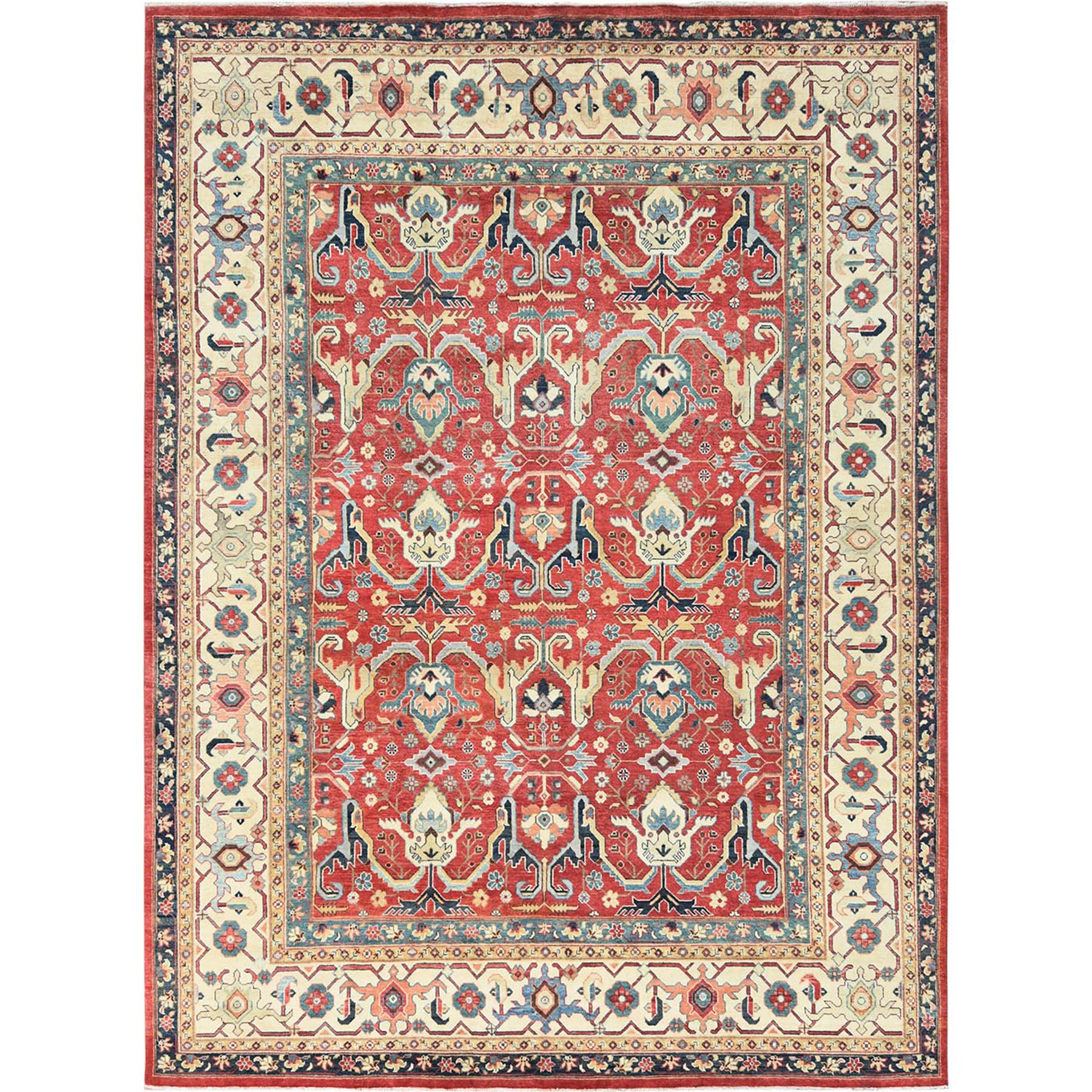 9'x12' Soft Red, Dense Weave Pure Wool Hand Knotted, Afghan Peshawar with Bijar Garus Design Vegetable Dyes, Oriental Rug HR82151