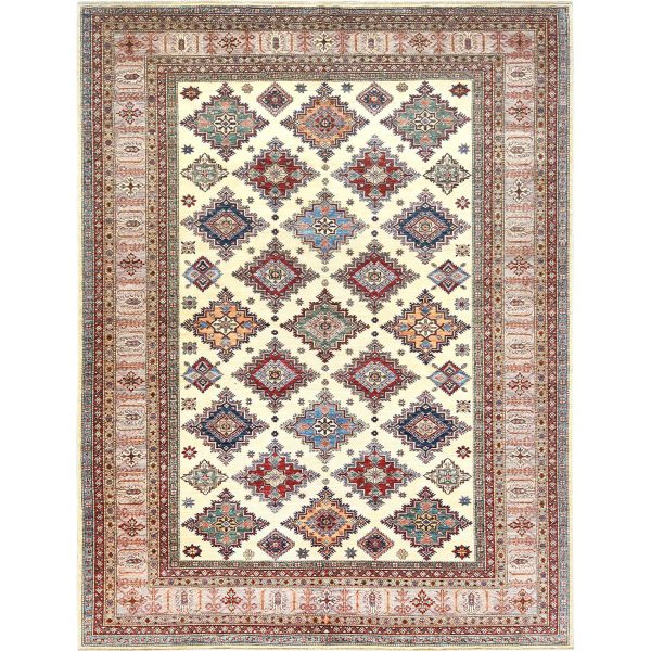 9'3"x12' Ivory, Afghan Super Kazak with Geometric Medallions, Natural Dyes Densely Woven, Natural Wool Hand Knotted, Oriental Rug HR82380