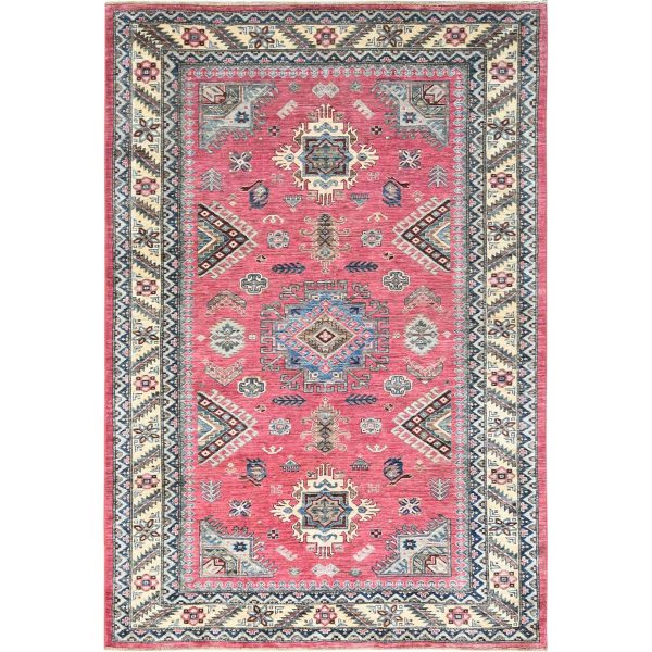 6'x8'9" Taffy Pink, Natural Wool Hand Knotted, Afghan Super Kazak with Large Medallions, Natural Dyes Densely Woven, Oriental Rug HR82390